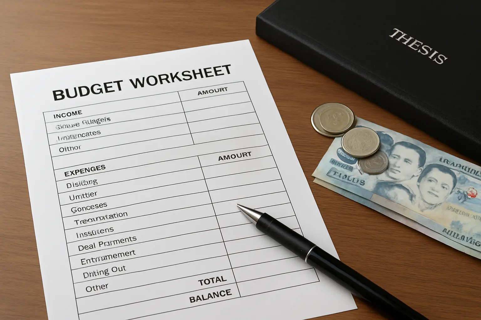 A printed budget worksheet beside peso bills and coins and a thesis folder on a desk