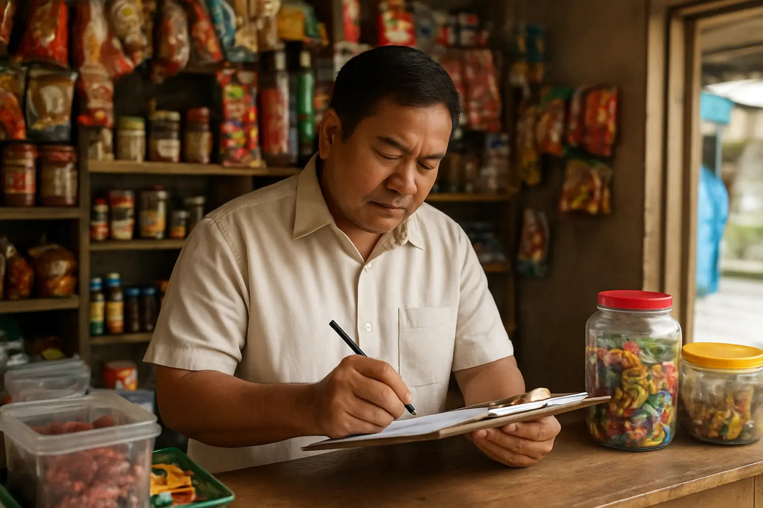 Filipino small business owner reviewing a compliance checklist at a retail storefront counter