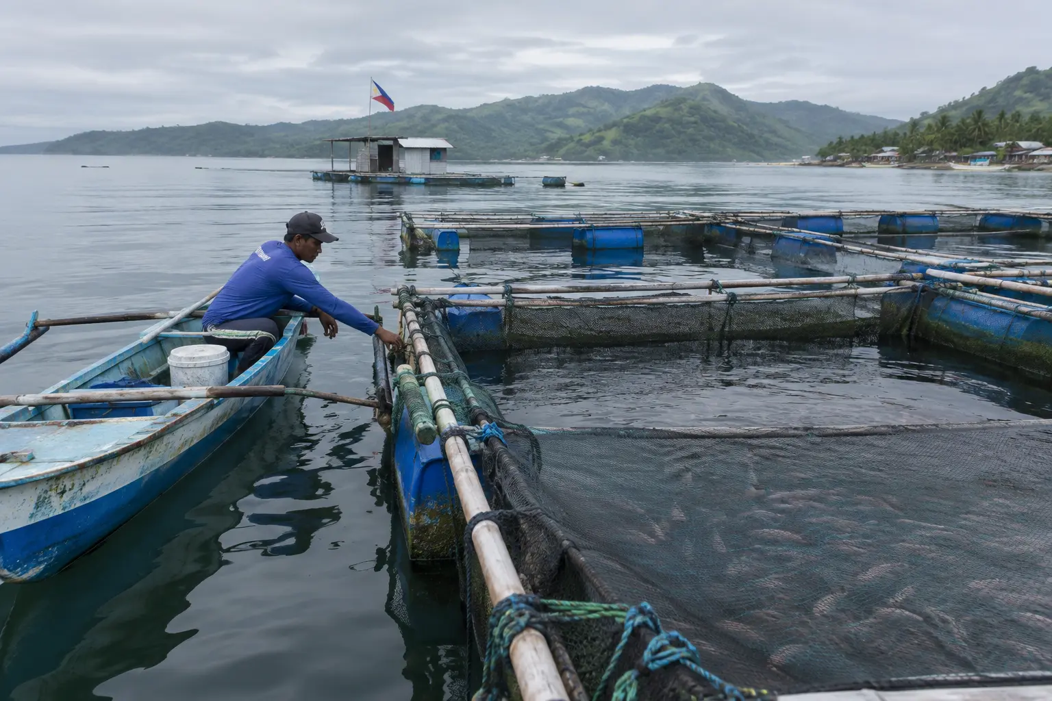 A worker checking floating fish cages at a small-scale coastal aquaculture operation in a Philippine bay