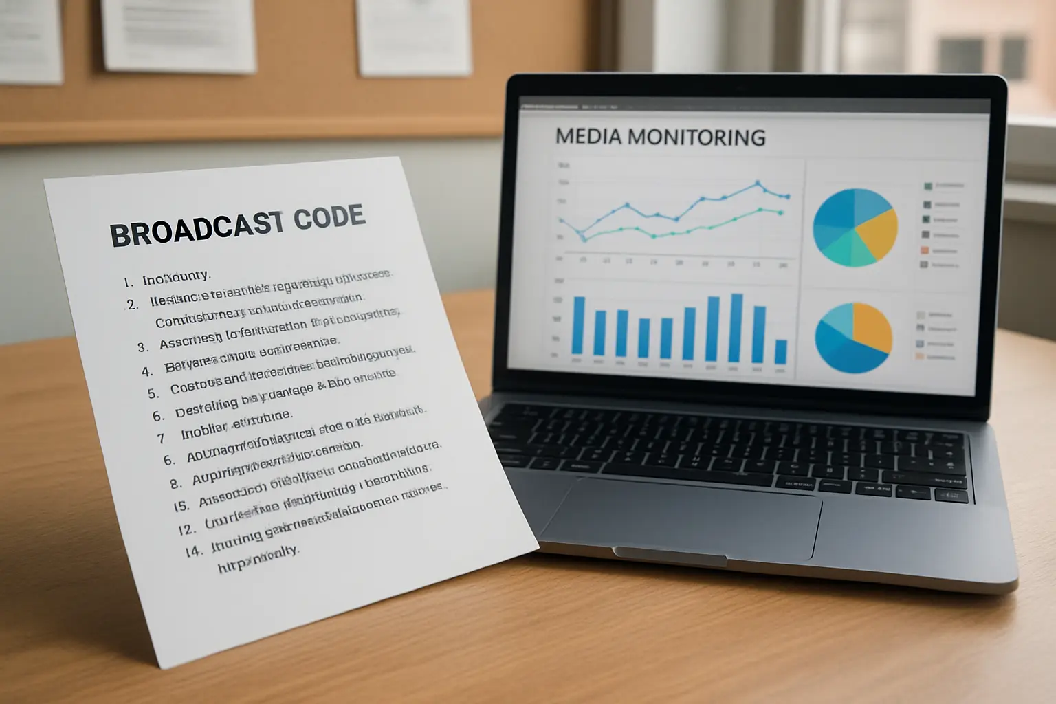 A communication thesis student reviewing a printed broadcast code document alongside a laptop showing a media monitoring dashboard