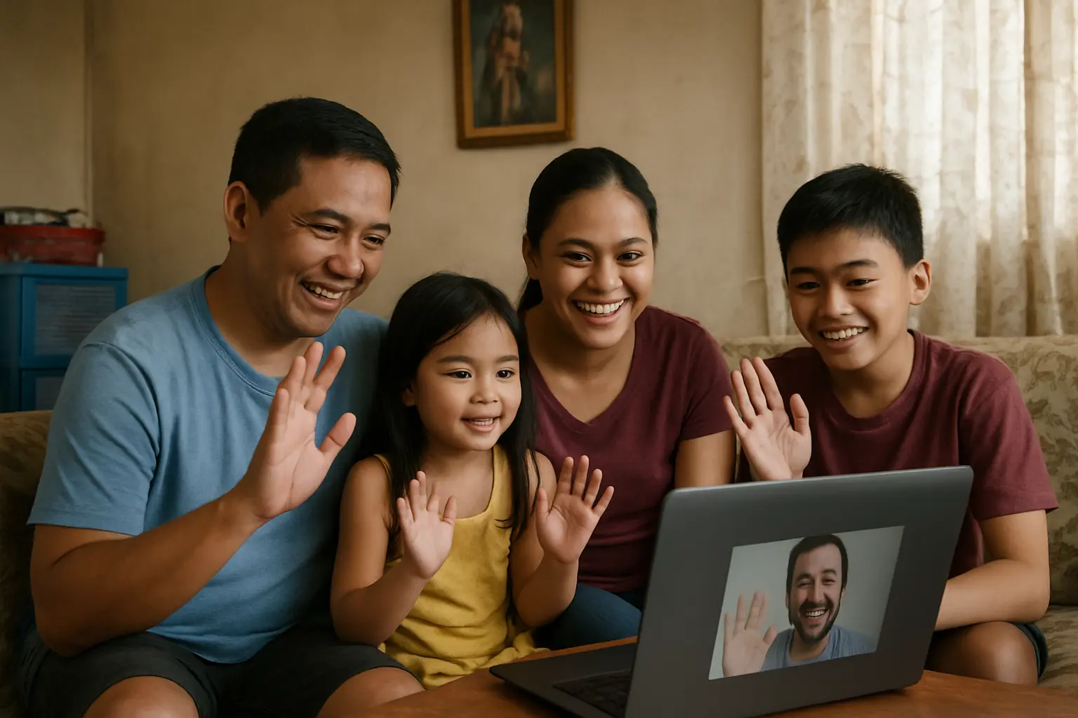 Filipino family video calling an OFW relative abroad, representing diaspora identity research