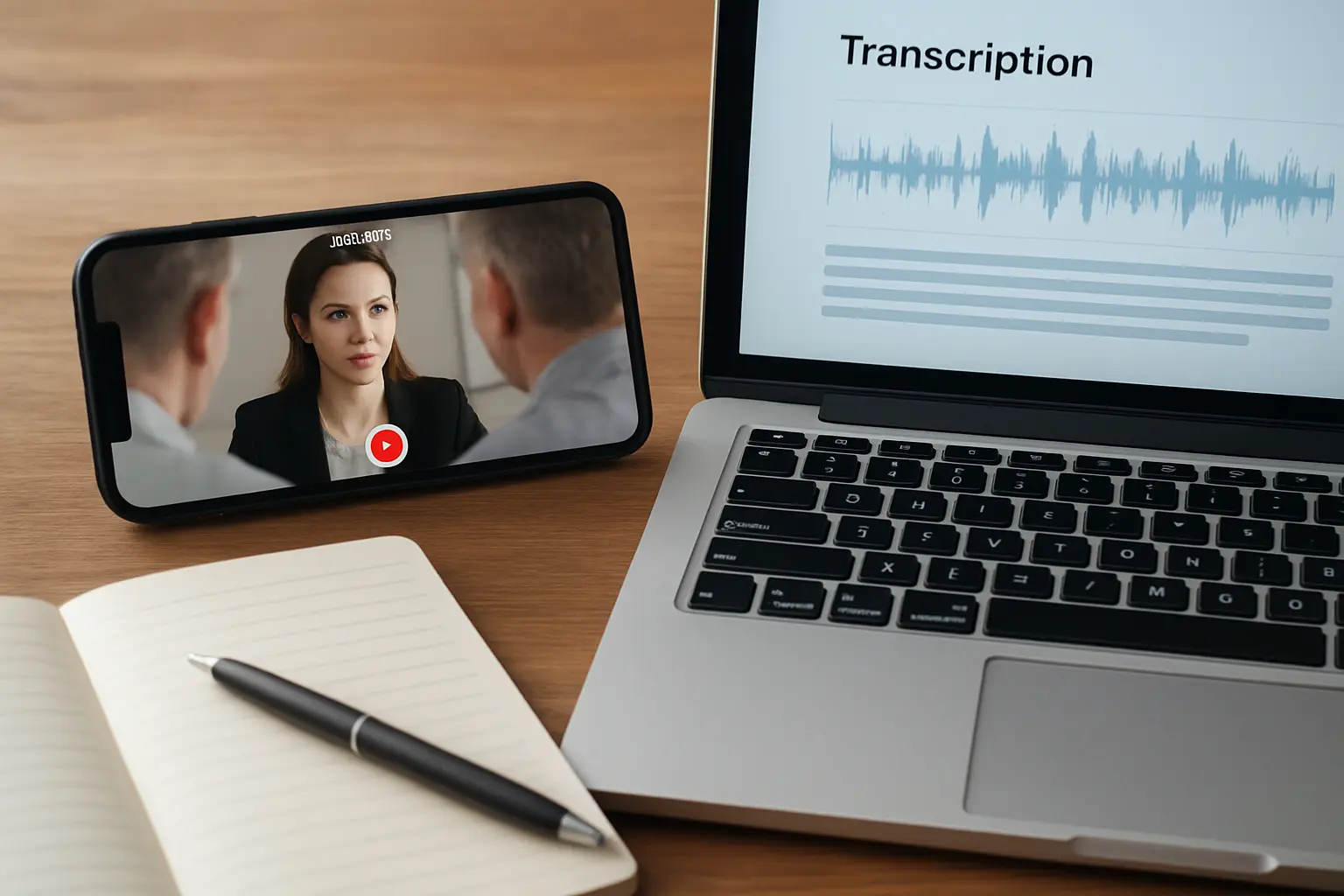 A smartphone recording an interview beside a laptop showing an audio transcription app with a waveform