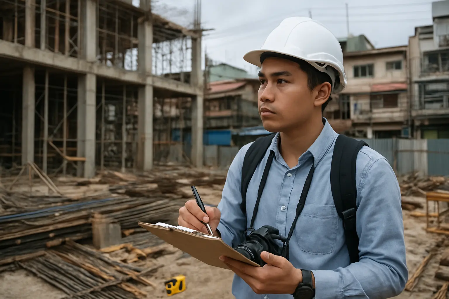 An architecture student taking notes and photos at a building site for a thesis case study
