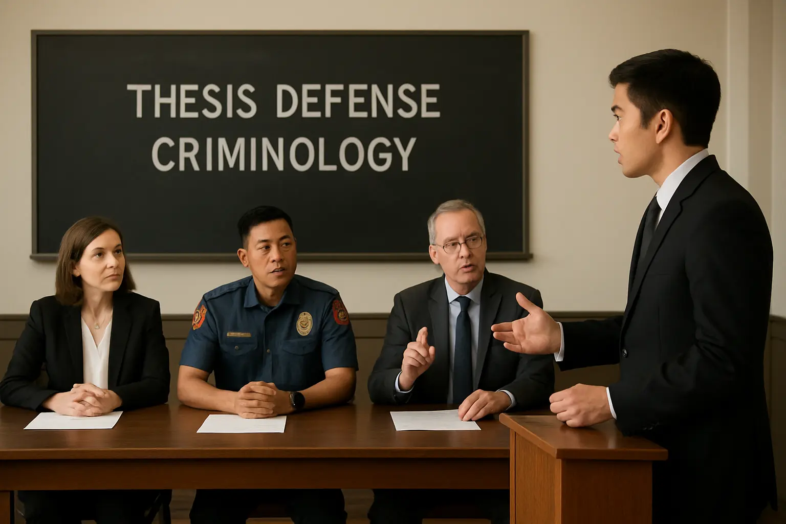 A criminology thesis defense panel including a PNP officer asking a question to a presenting student