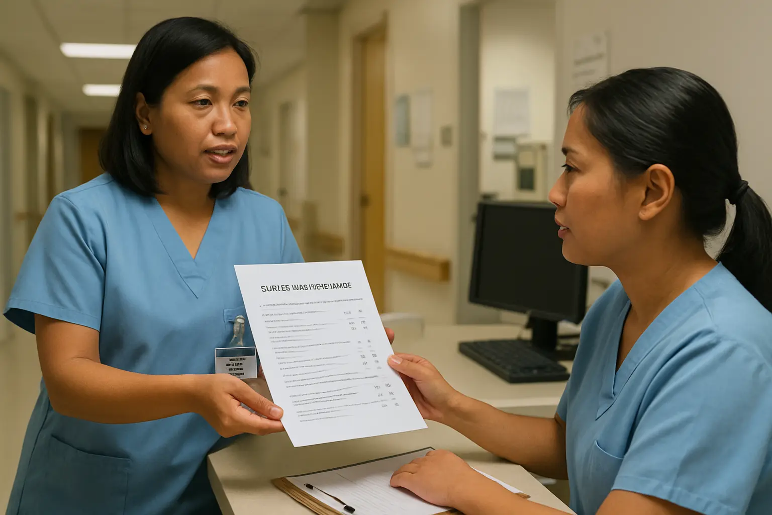 A Filipino nursing researcher handing a survey questionnaire to a staff nurse at a hospital nurses station
