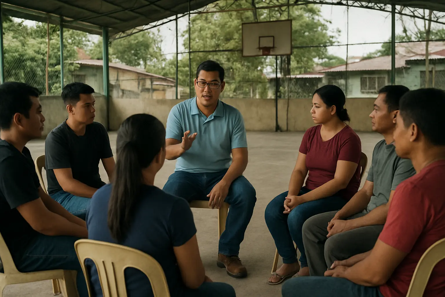 Community-based drug rehabilitation program session at a Philippine barangay covered court