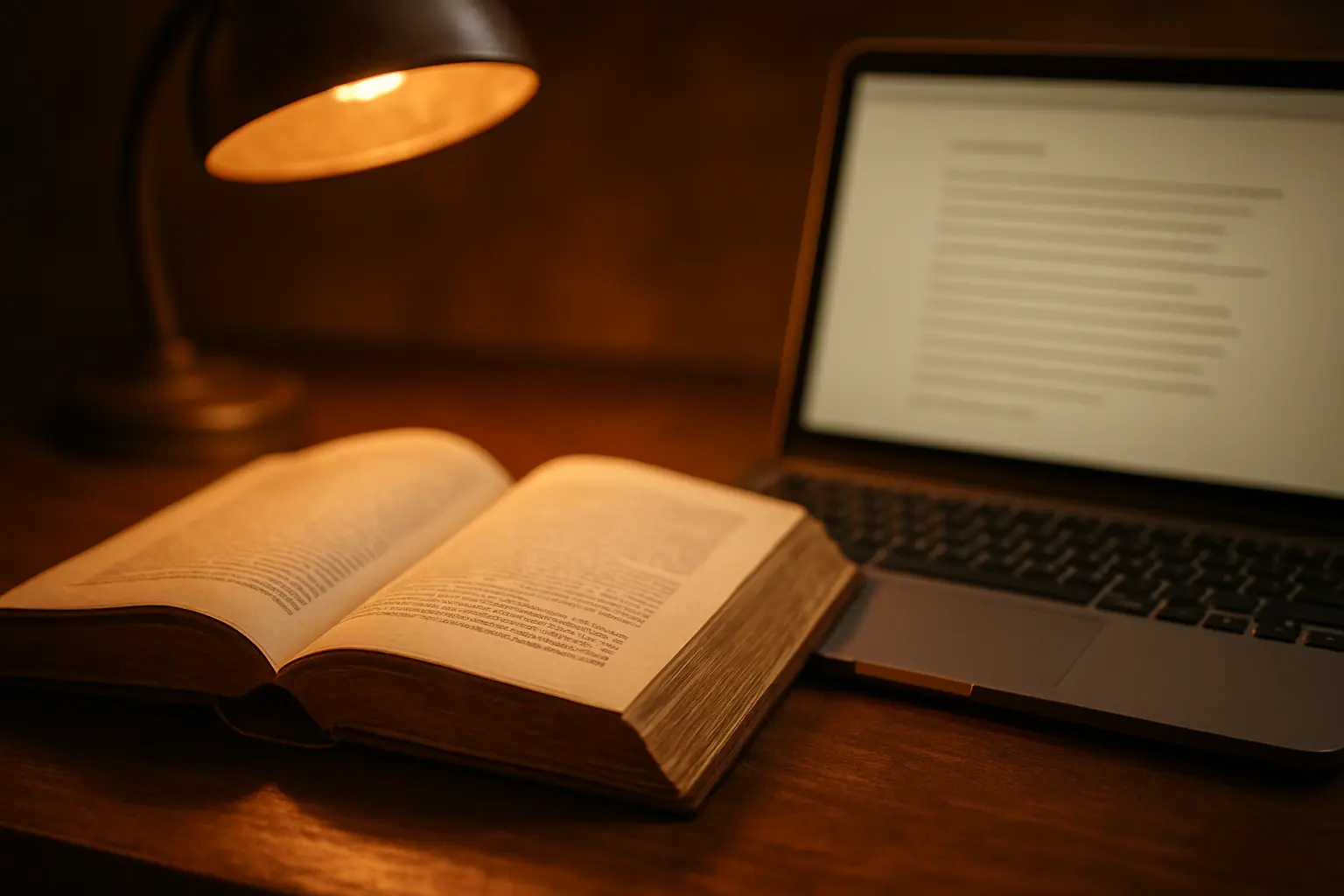An older hardbound academic book open at a chapter opening page beside a laptop showing a library catalogue
