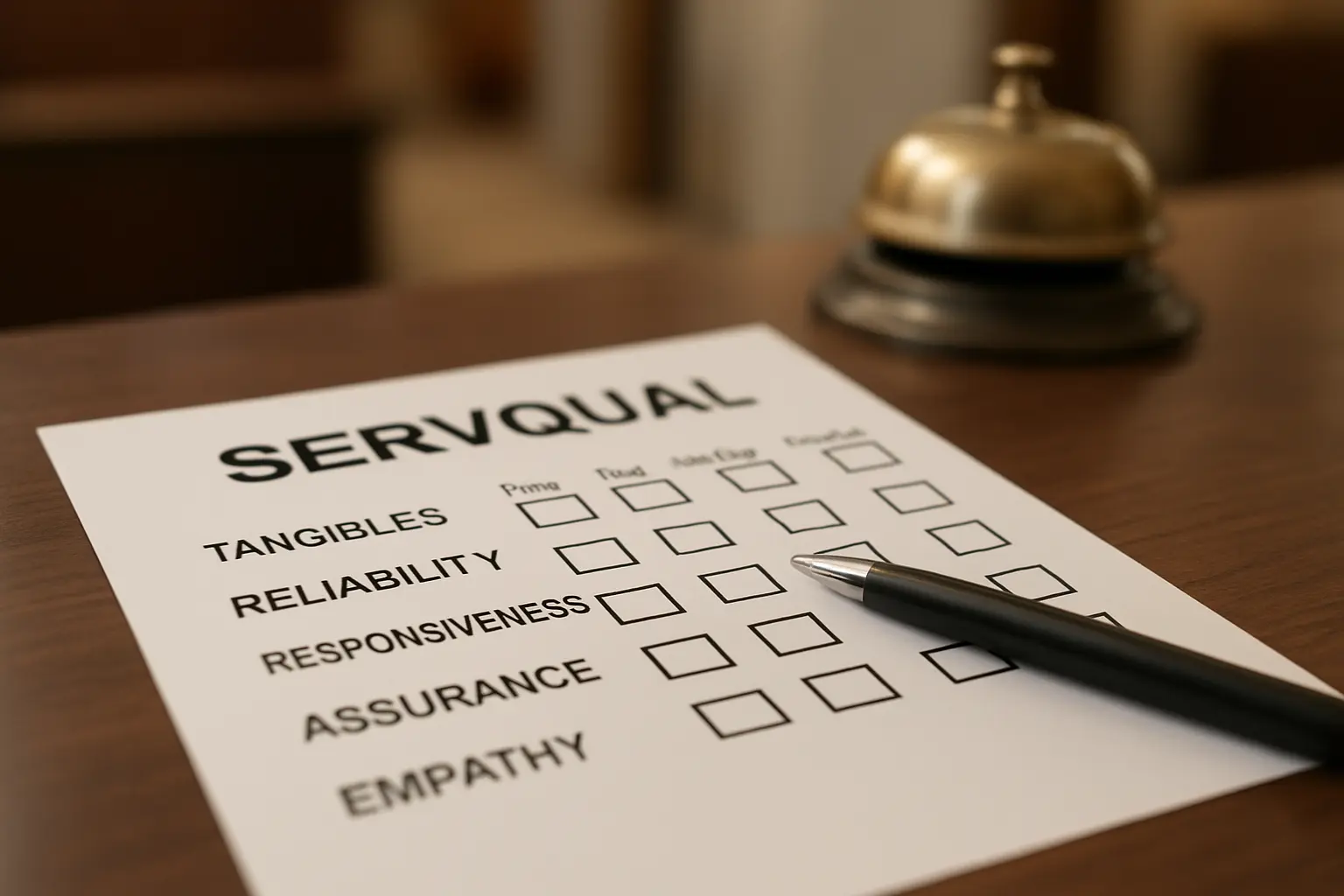 A close-up of a printed SERVQUAL service quality survey form with rating scale items