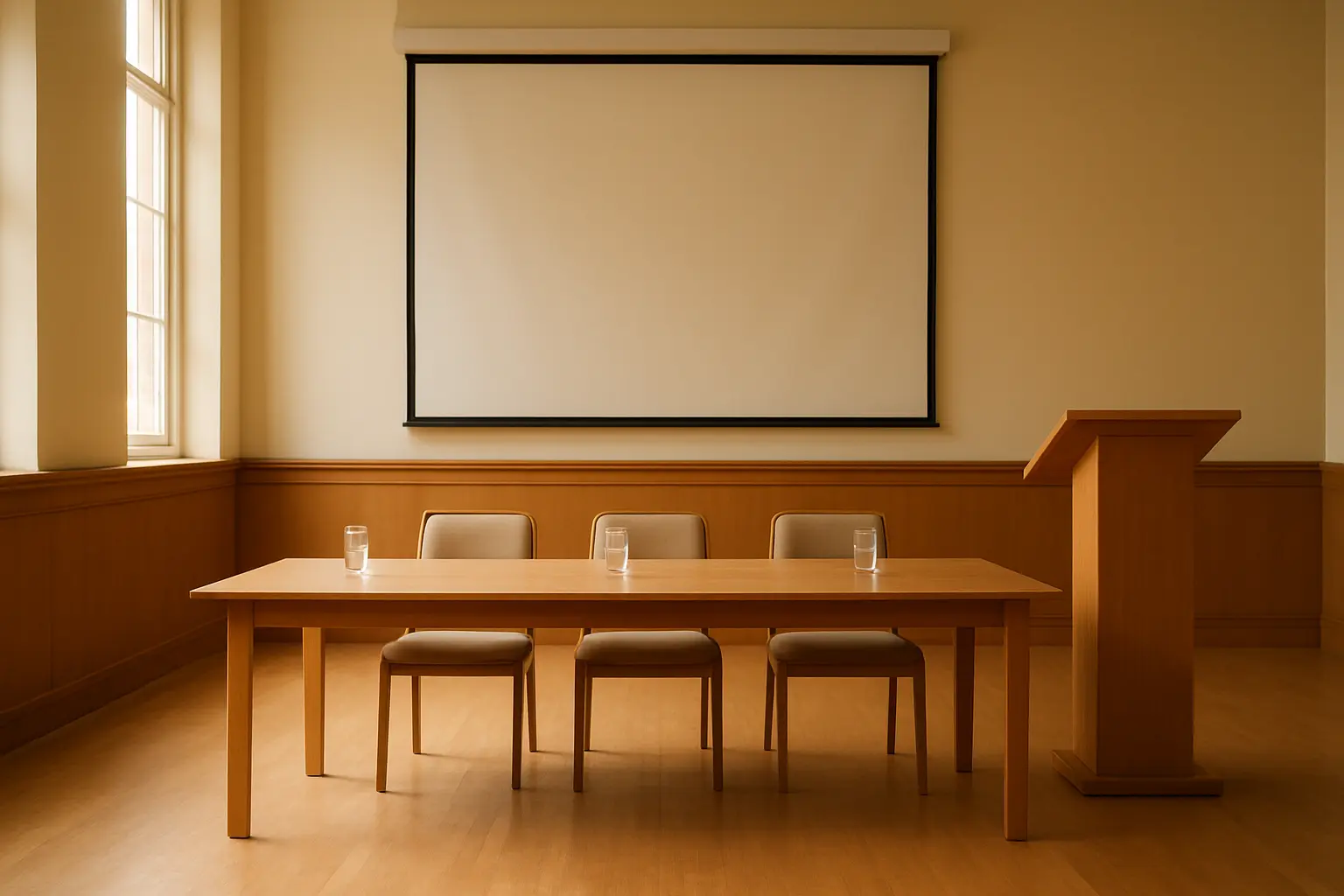 An empty seminar room set up for a thesis defence, with a long panel table facing a lectern and a projector screen