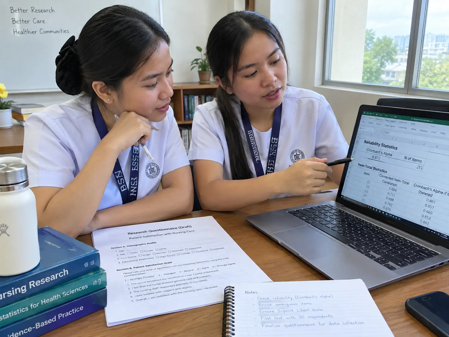 Two nursing students reviewing pilot-test reliability statistics on a laptop for their thesis instrument