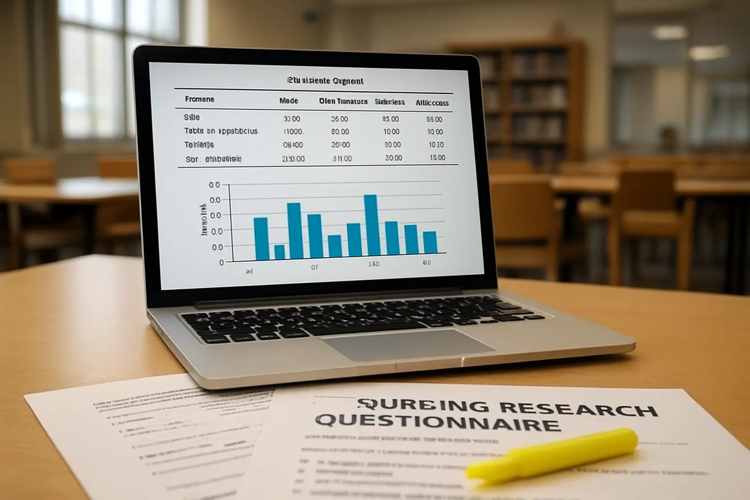 A laptop showing a statistical results table and bar chart beside printed nursing thesis questionnaires