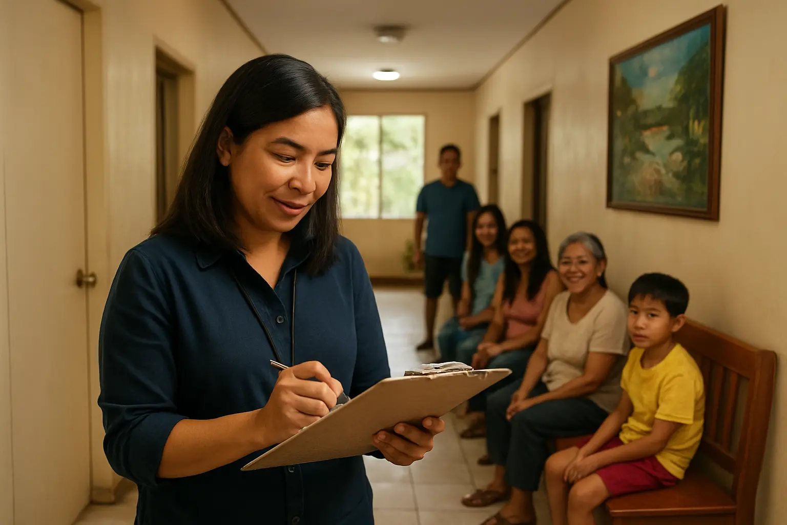 Caseworker reviewing an intake clipboard at a residential shelter facility hallway