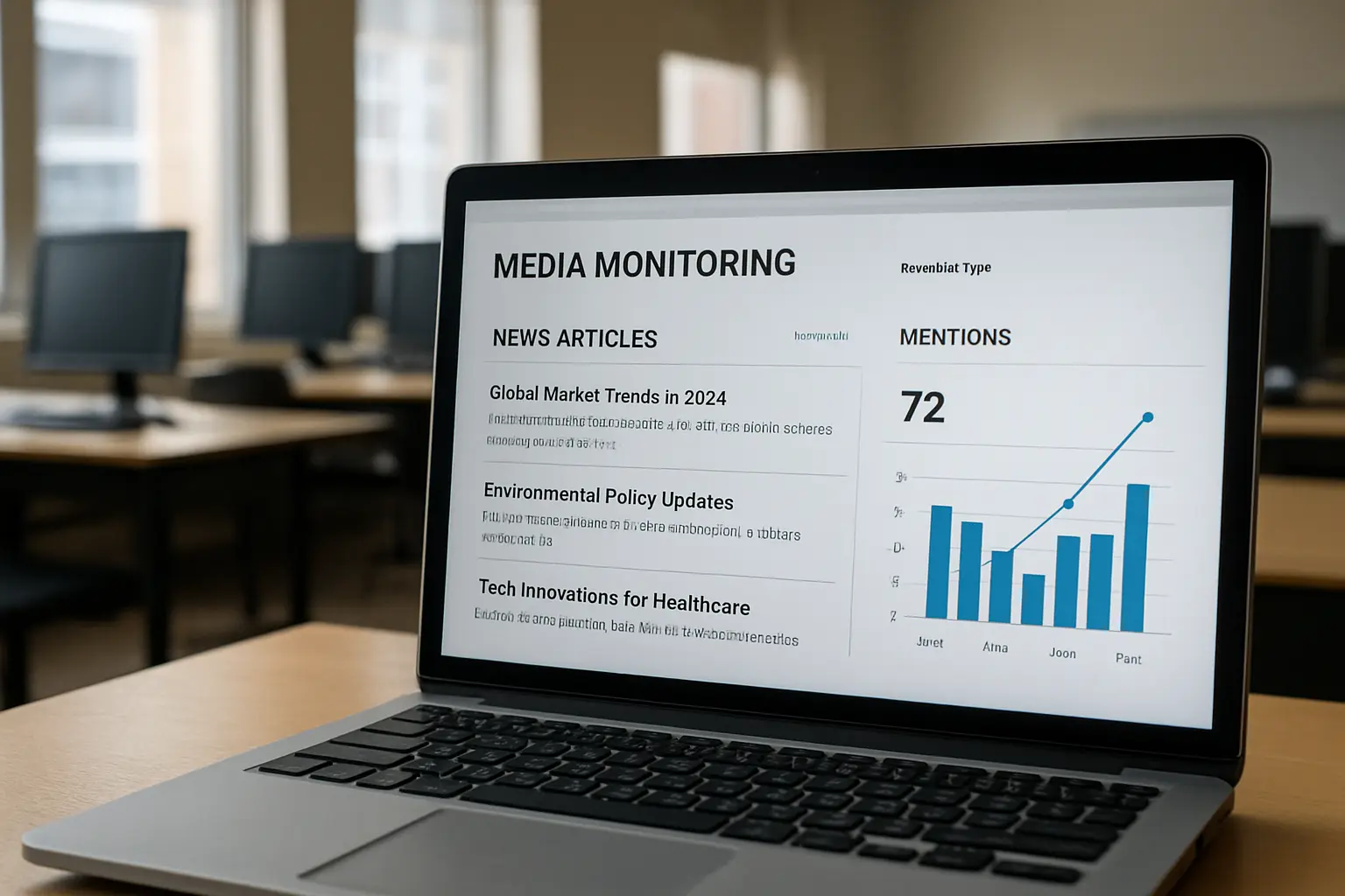 A laptop screen showing a media monitoring dashboard with news mentions and a trend graph