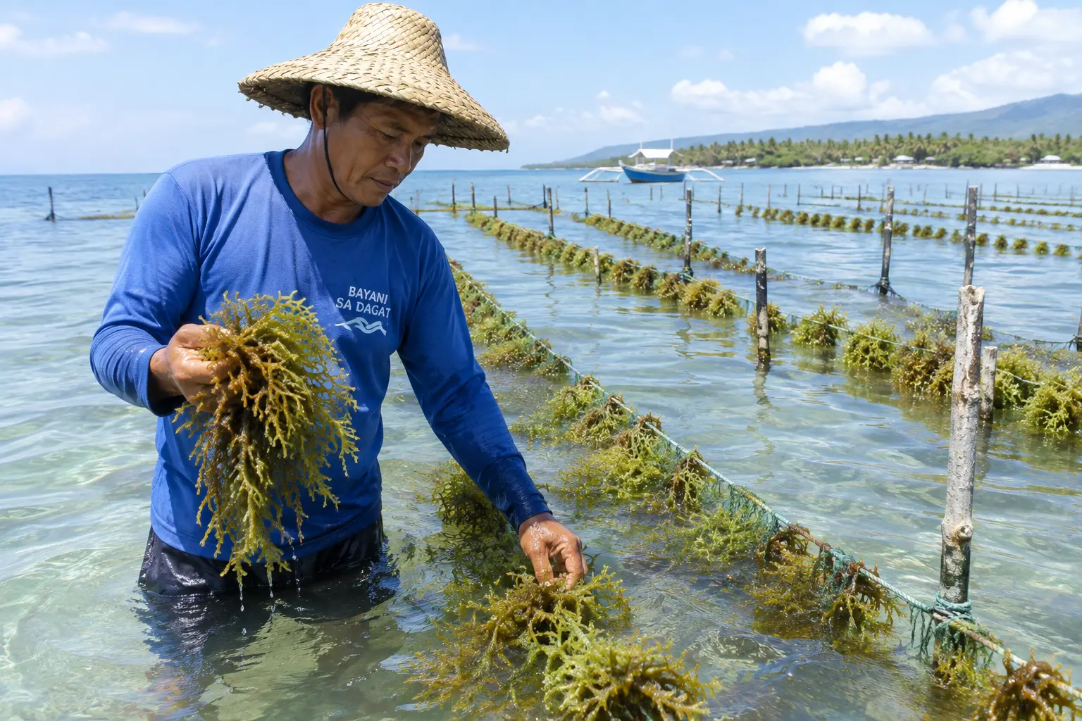 Seaweed farming lines in a Philippine coastal area with a farmer inspecting the crop
