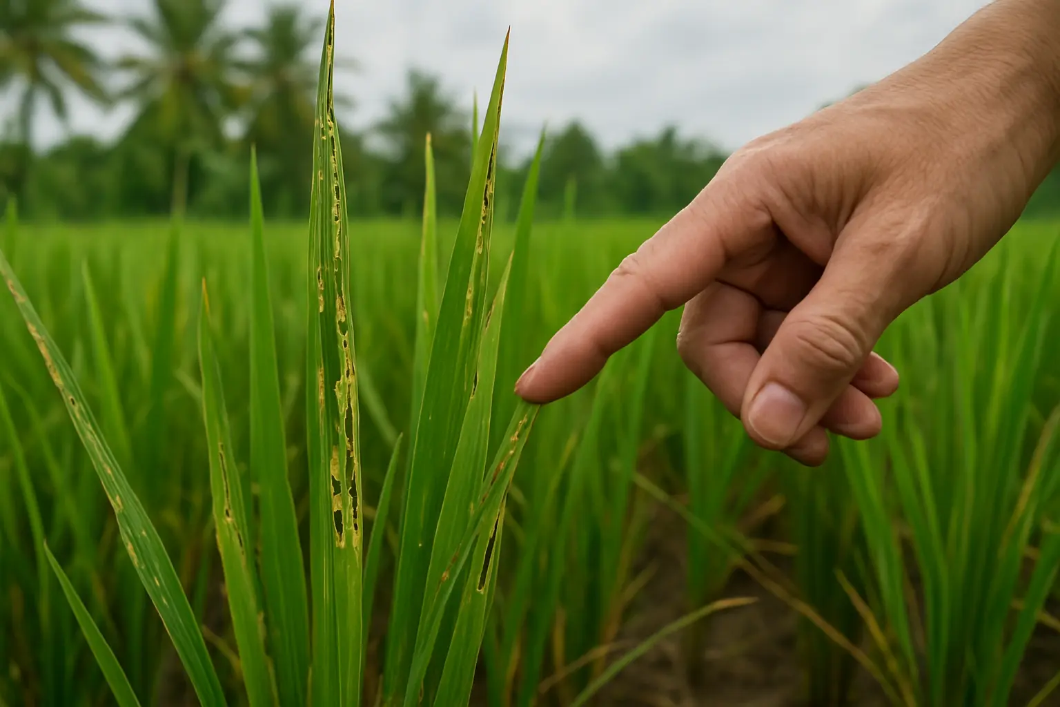 A Filipino agriculture student inspecting pest damage on a rice field trial plot with a notebook in hand