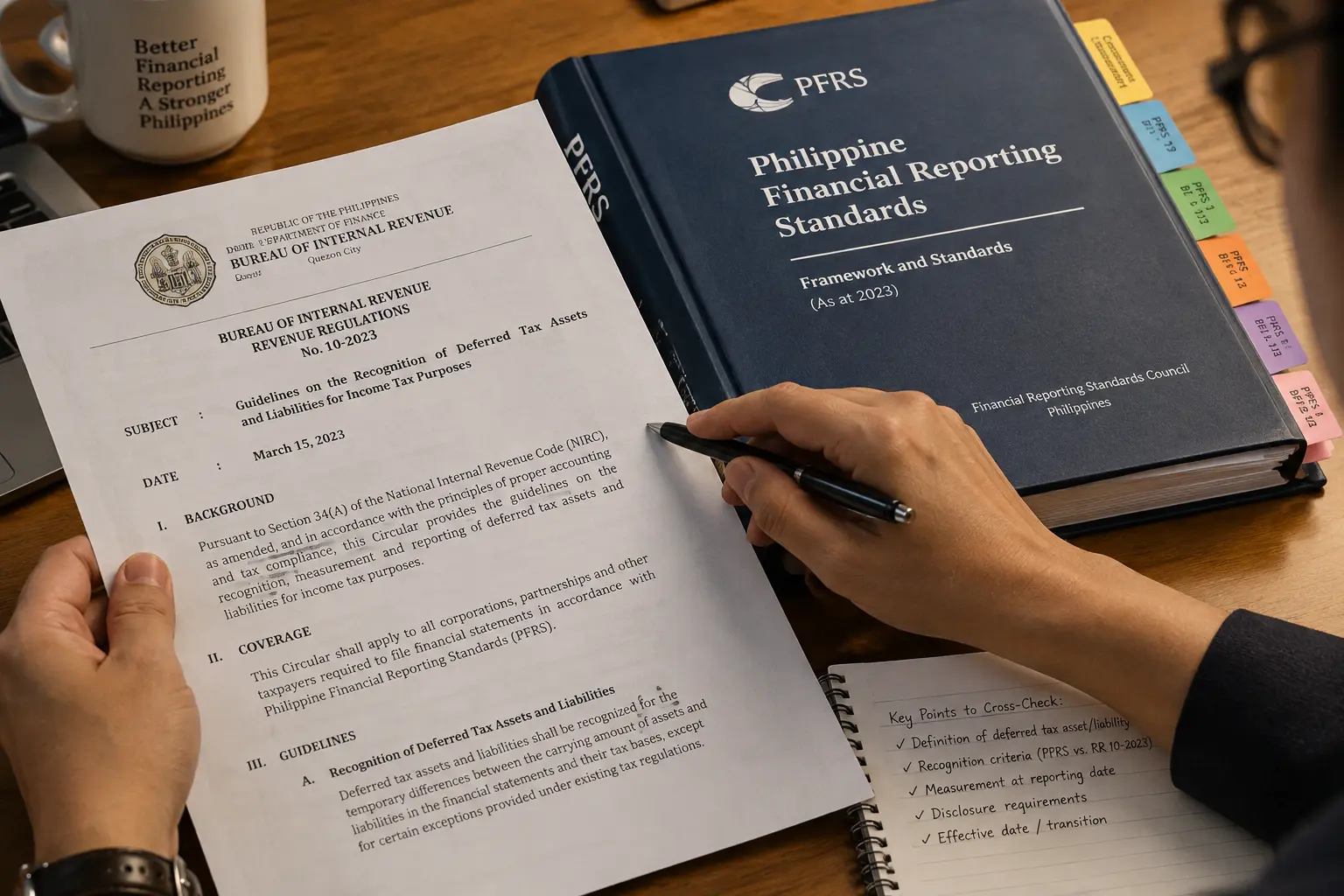 Hands cross-referencing a printed BIR revenue regulation against a PFRS standards binder at a desk