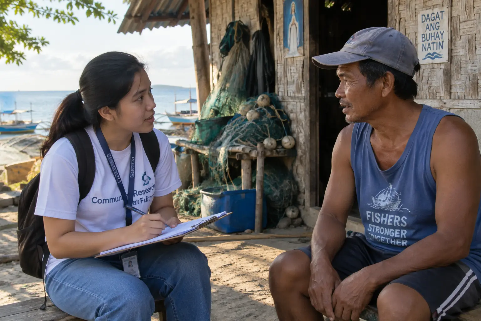A student conducting a survey interview with a fisherfolk household along a Philippine coastal barangay