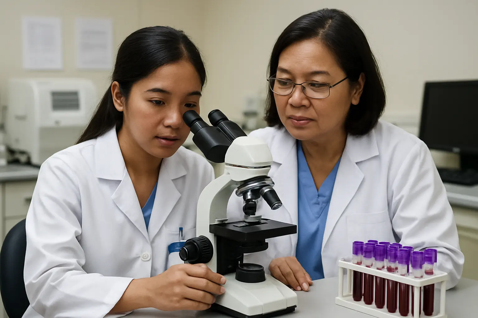 Filipino medical technology intern reviewing samples with a supervisor during a clinical rotation