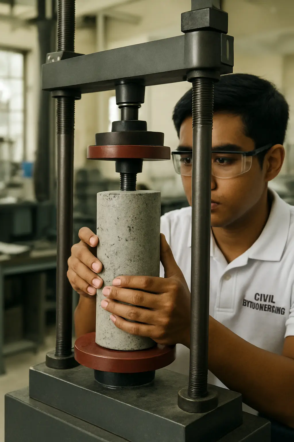 A Filipino civil engineering student testing a concrete cylinder in a compression testing machine in a university materials laboratory