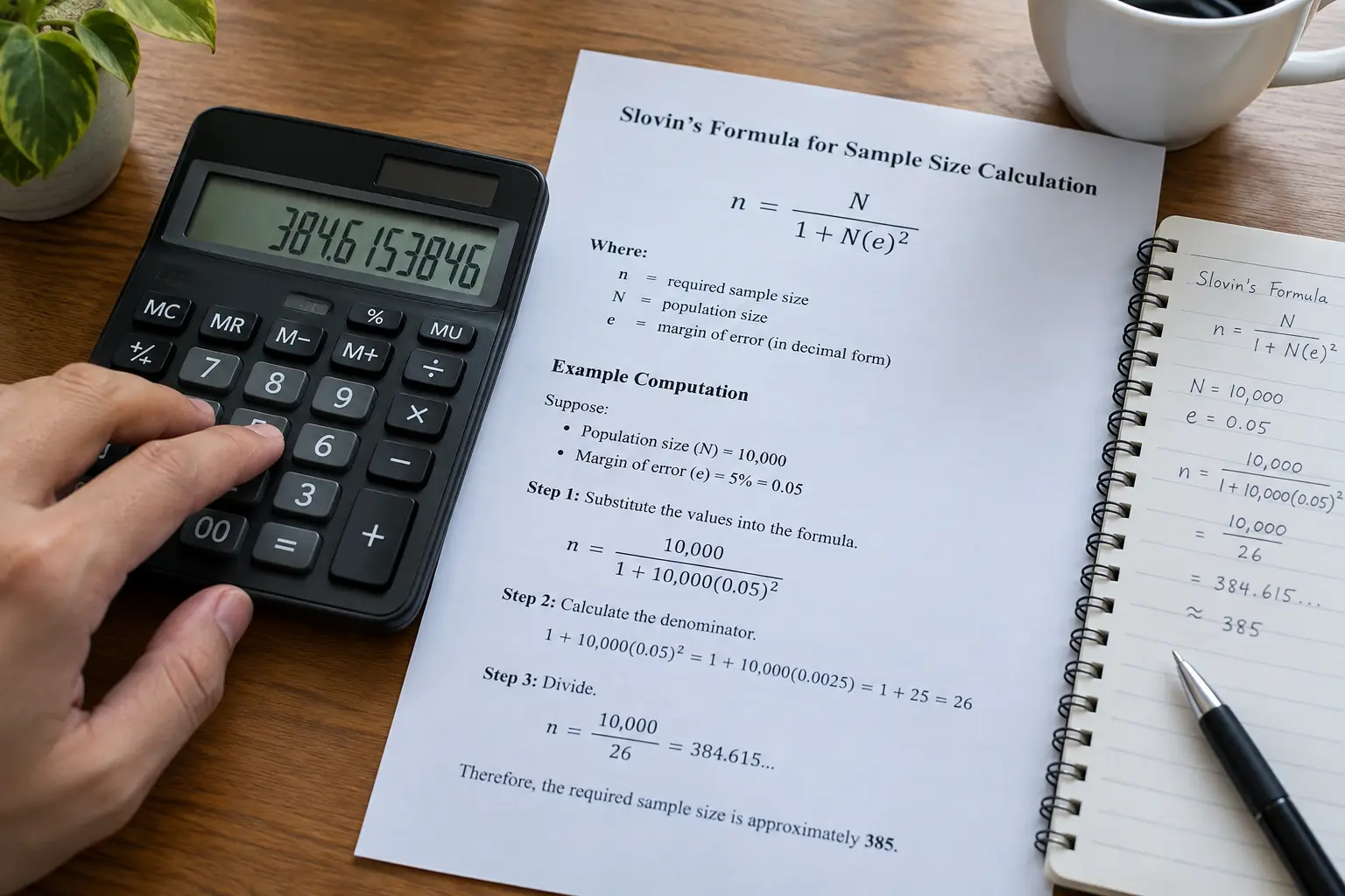 A hand using a calculator beside a printed sample size computation for a business thesis