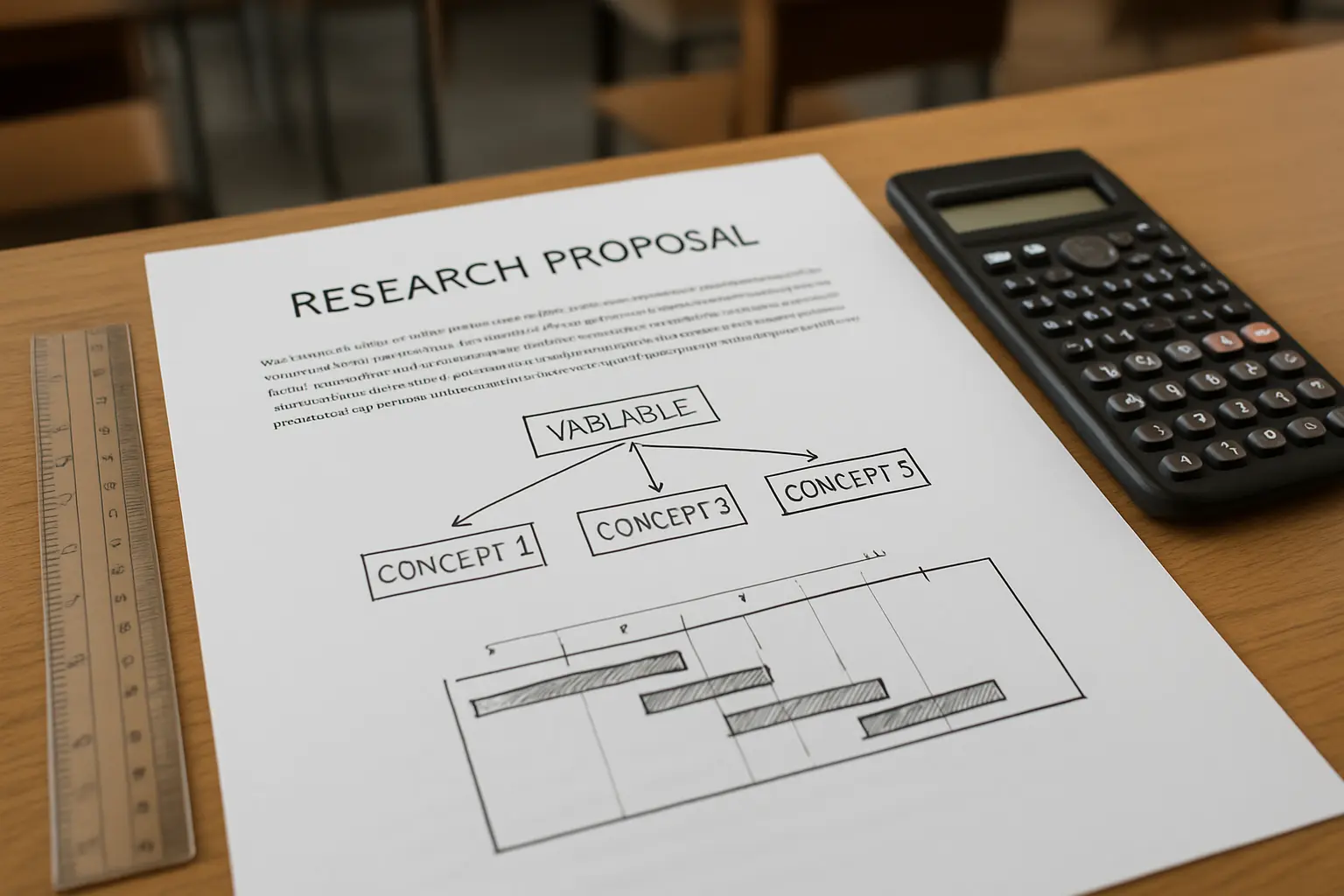 A printed civil engineering thesis research proposal with a conceptual framework diagram and a Gantt chart timeline