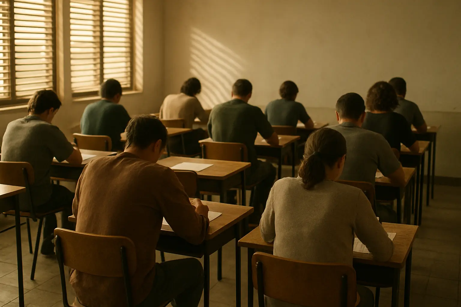 A small group of respondents filling in a pilot questionnaire in a classroom, seen from behind