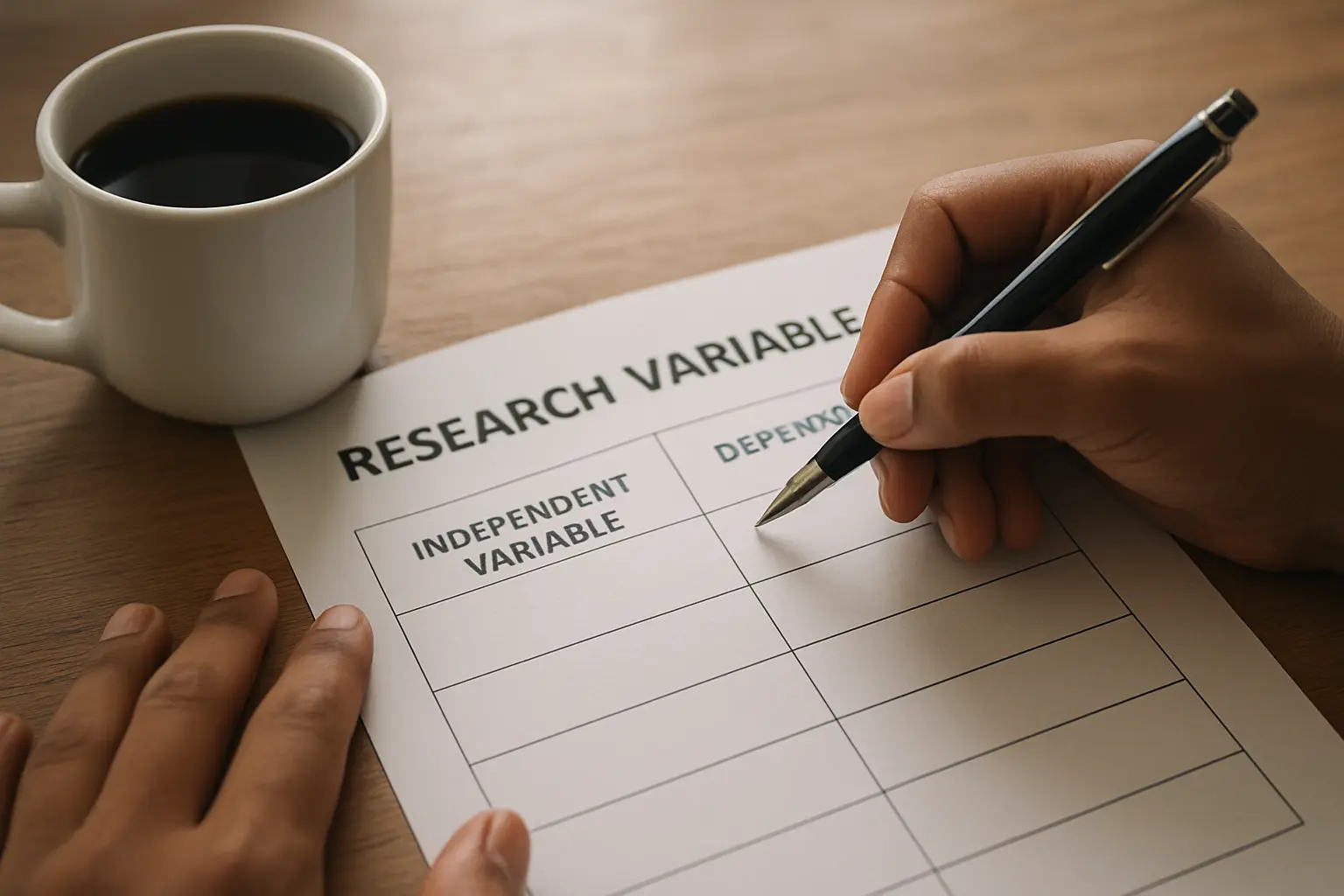 Close-up of a printed research variables table being filled in by hand with independent and dependent variable columns