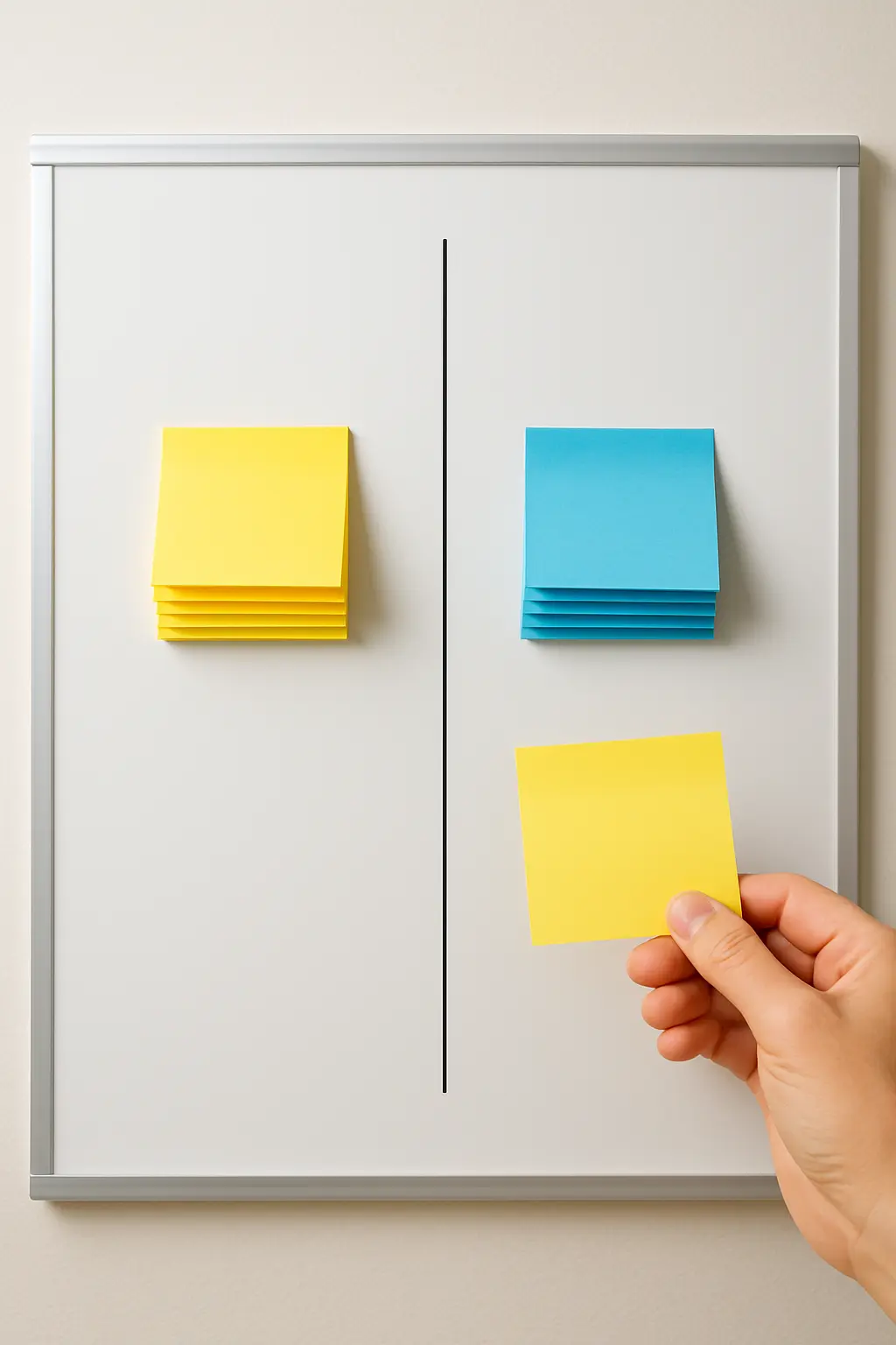 A whiteboard divided into two columns with sticky notes sorted into what the study covers and what it deliberately excludes