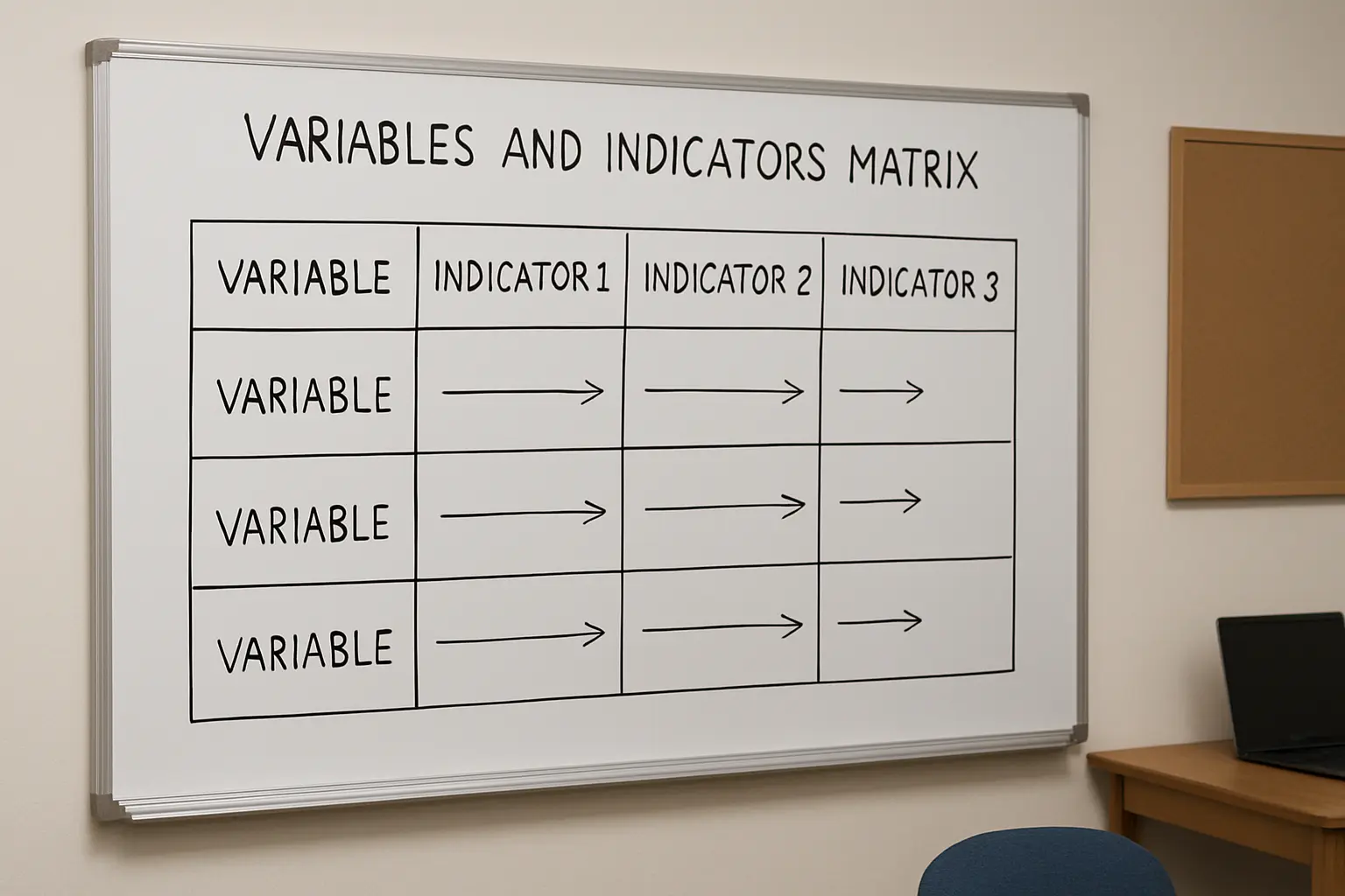 A whiteboard showing a hand-drawn variables and indicators matrix table with connecting arrows