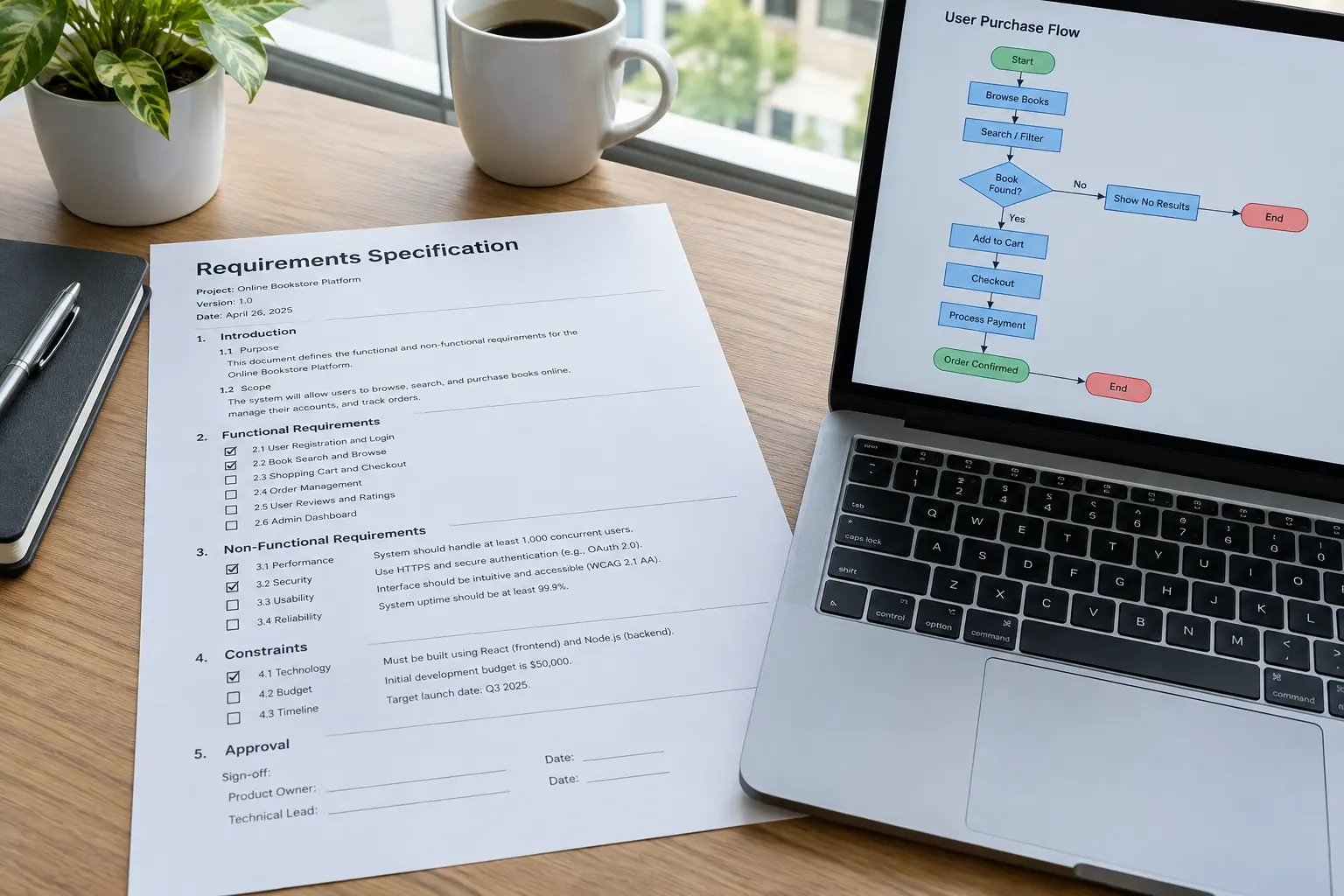 A printed requirements specification document beside a laptop showing a flowchart diagram