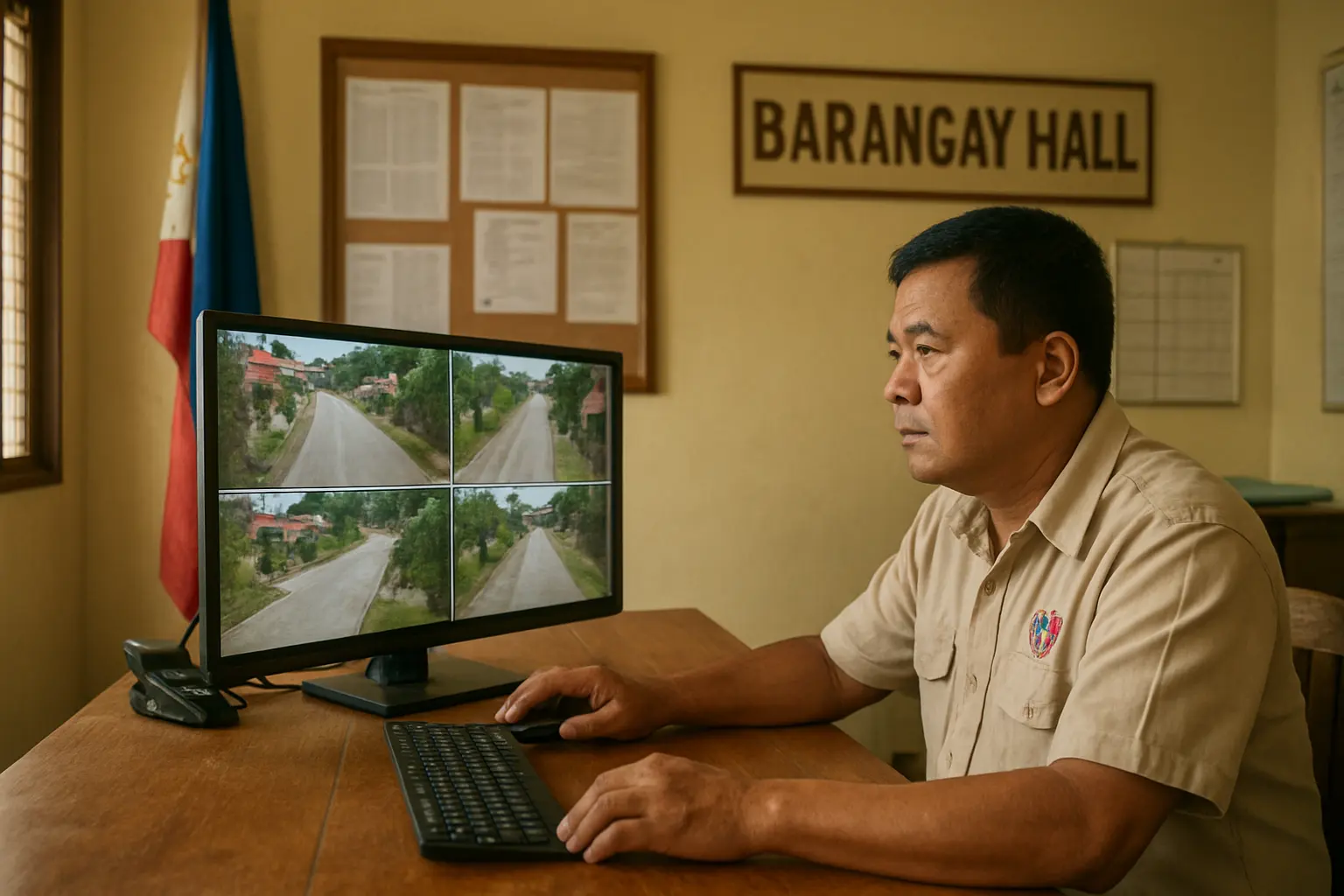 Barangay official reviewing a community CCTV monitoring program at a Philippine barangay hall