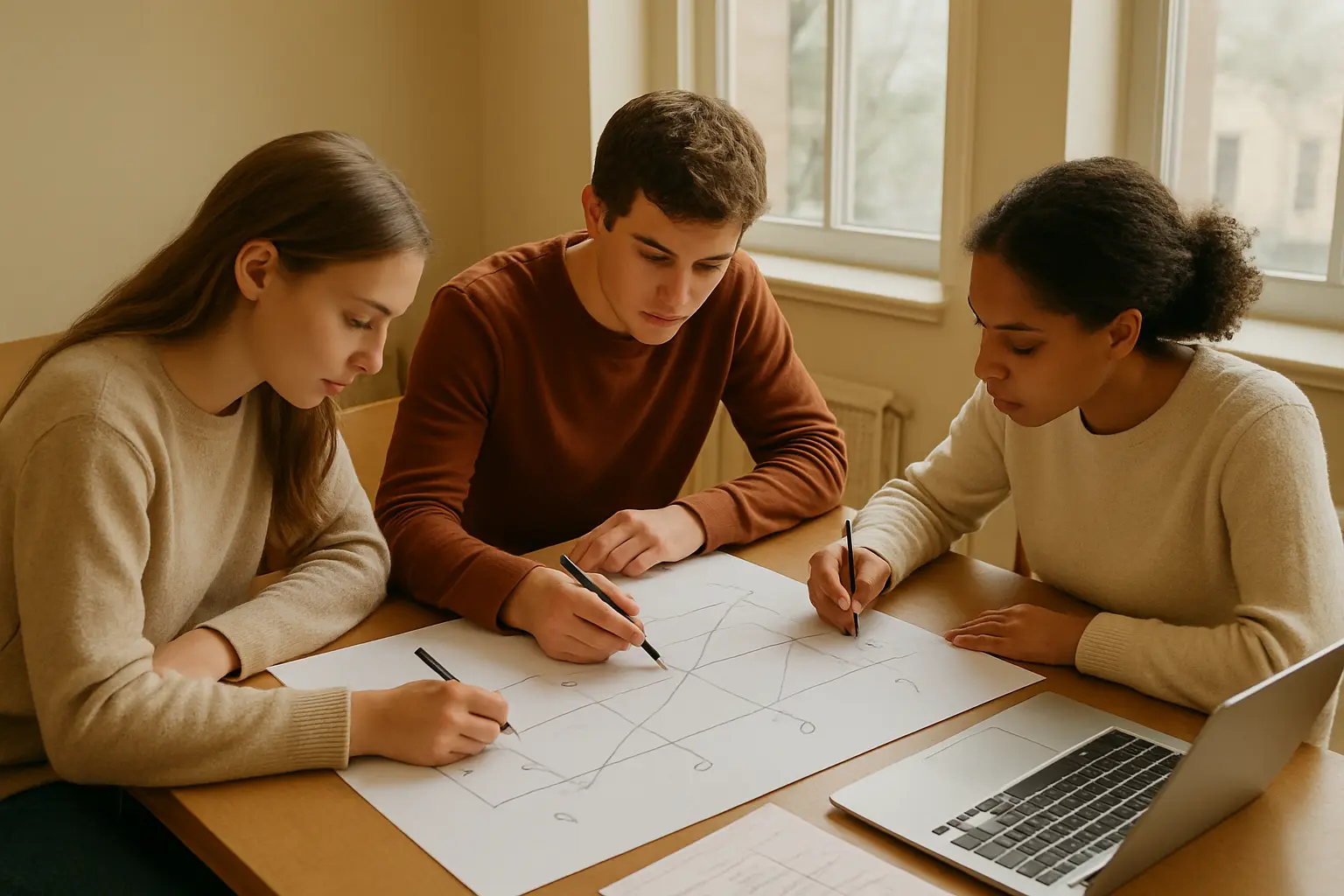 Three Filipino students working together at a table, mapping numbered research questions onto a sheet with a survey draft beside it