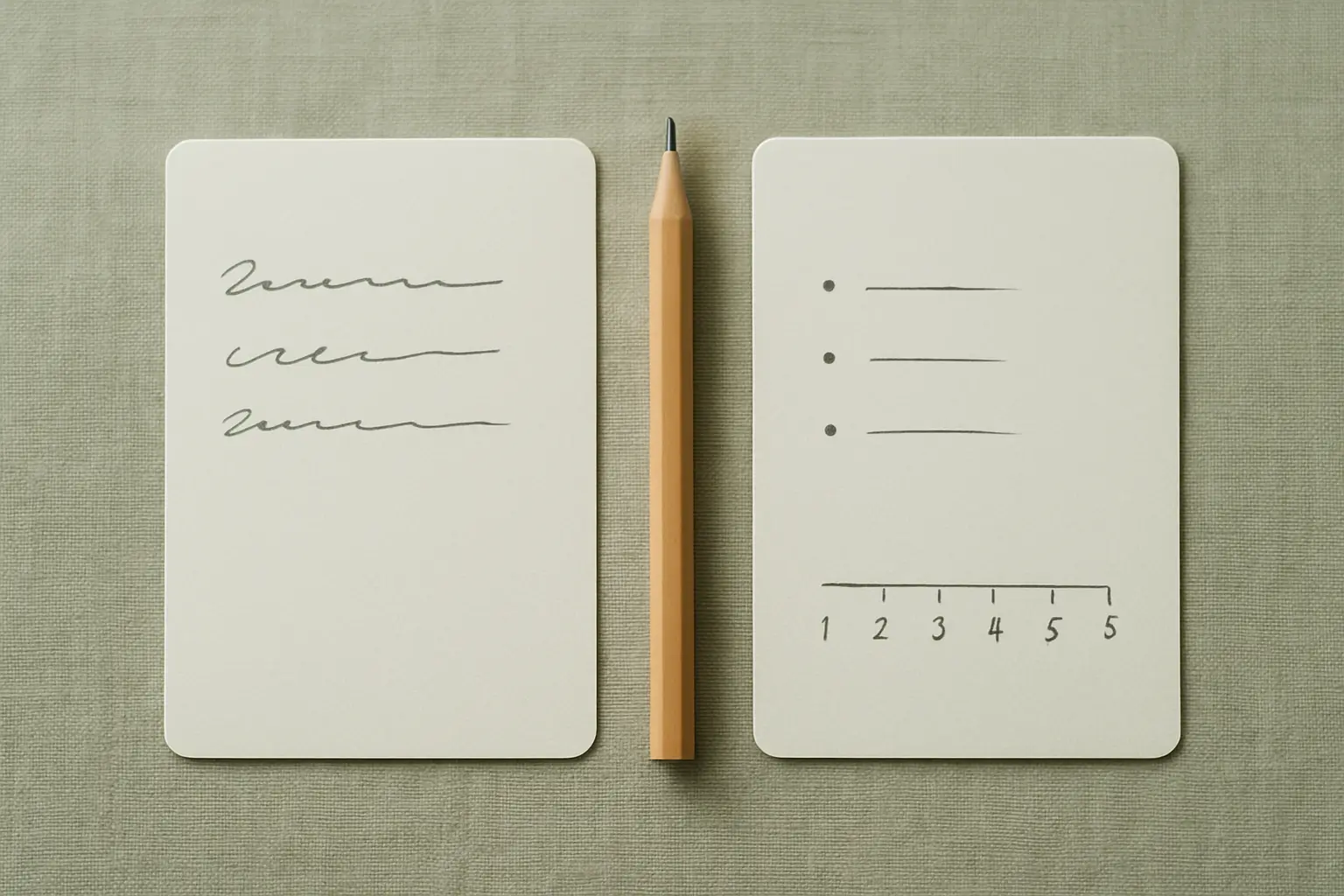 Two index cards side by side on a desk, one holding a cited definition and the other a measurement description with a scale