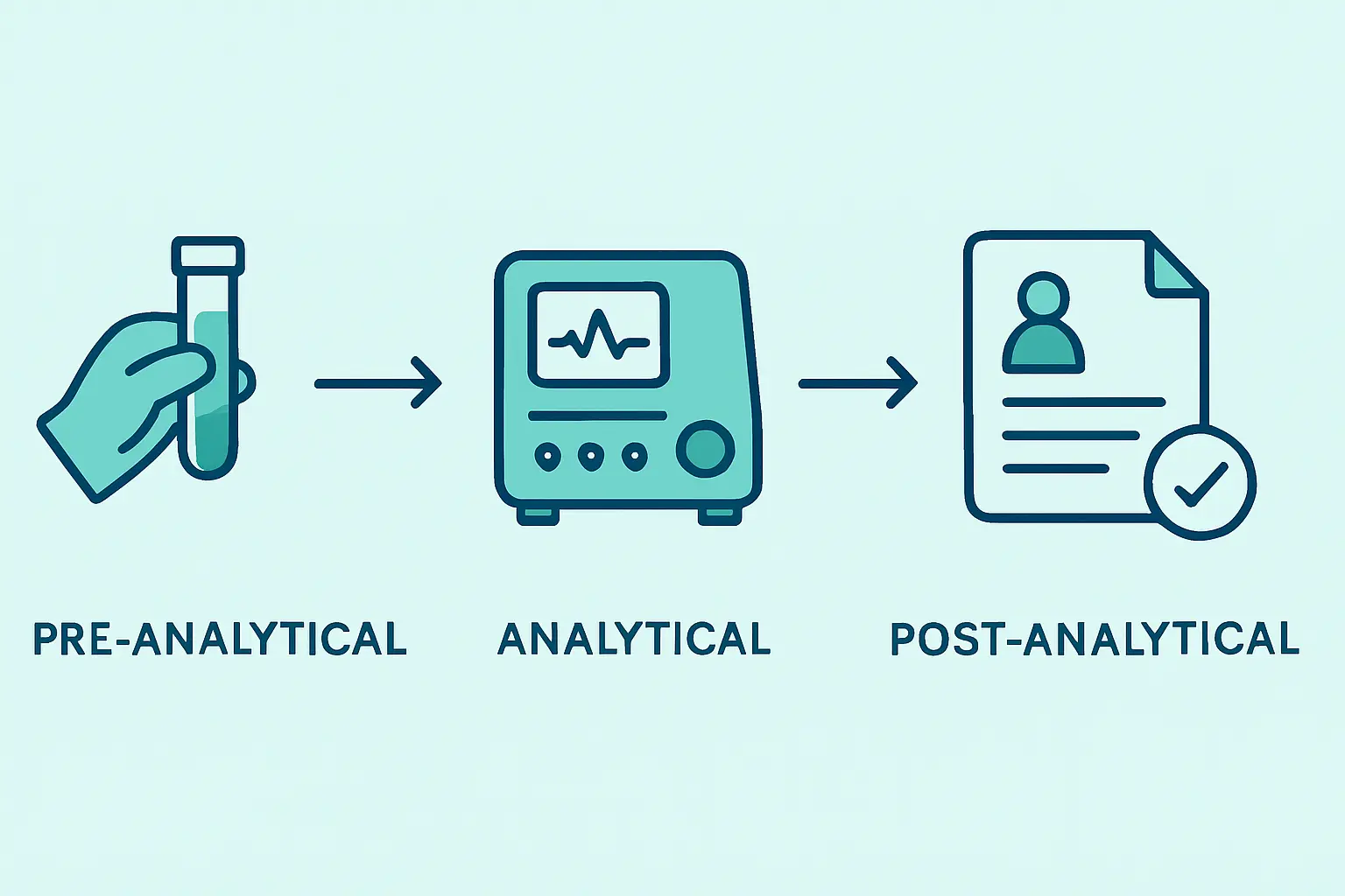 Illustration of the three-stage total testing process: pre-analytical, analytical and post-analytical phases in laboratory medicine