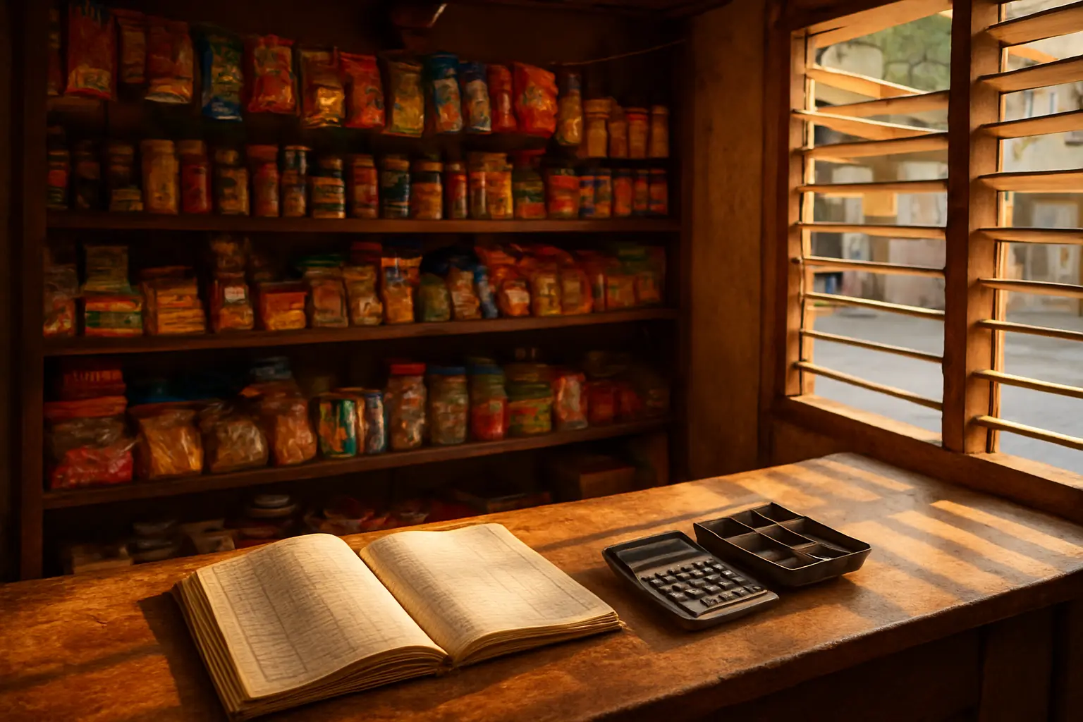 A small Philippine neighbourhood shop counter with goods stacked behind and a handwritten ledger open on the counter