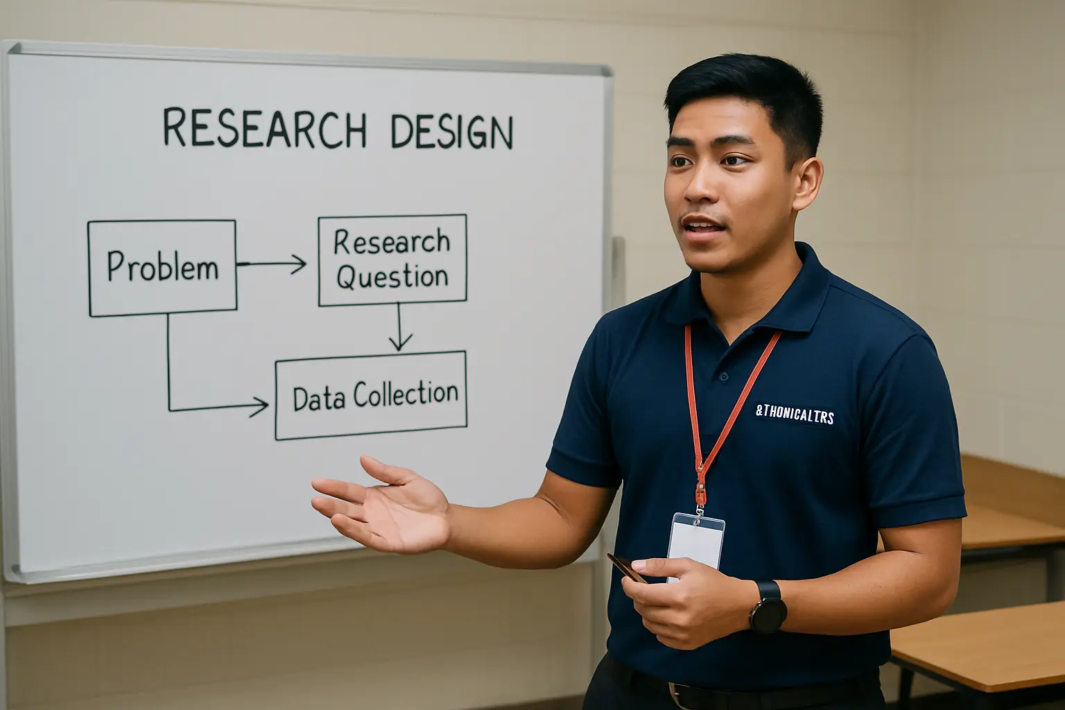 A Filipino criminology student rehearsing thesis defense answers in front of a whiteboard with a research design diagram