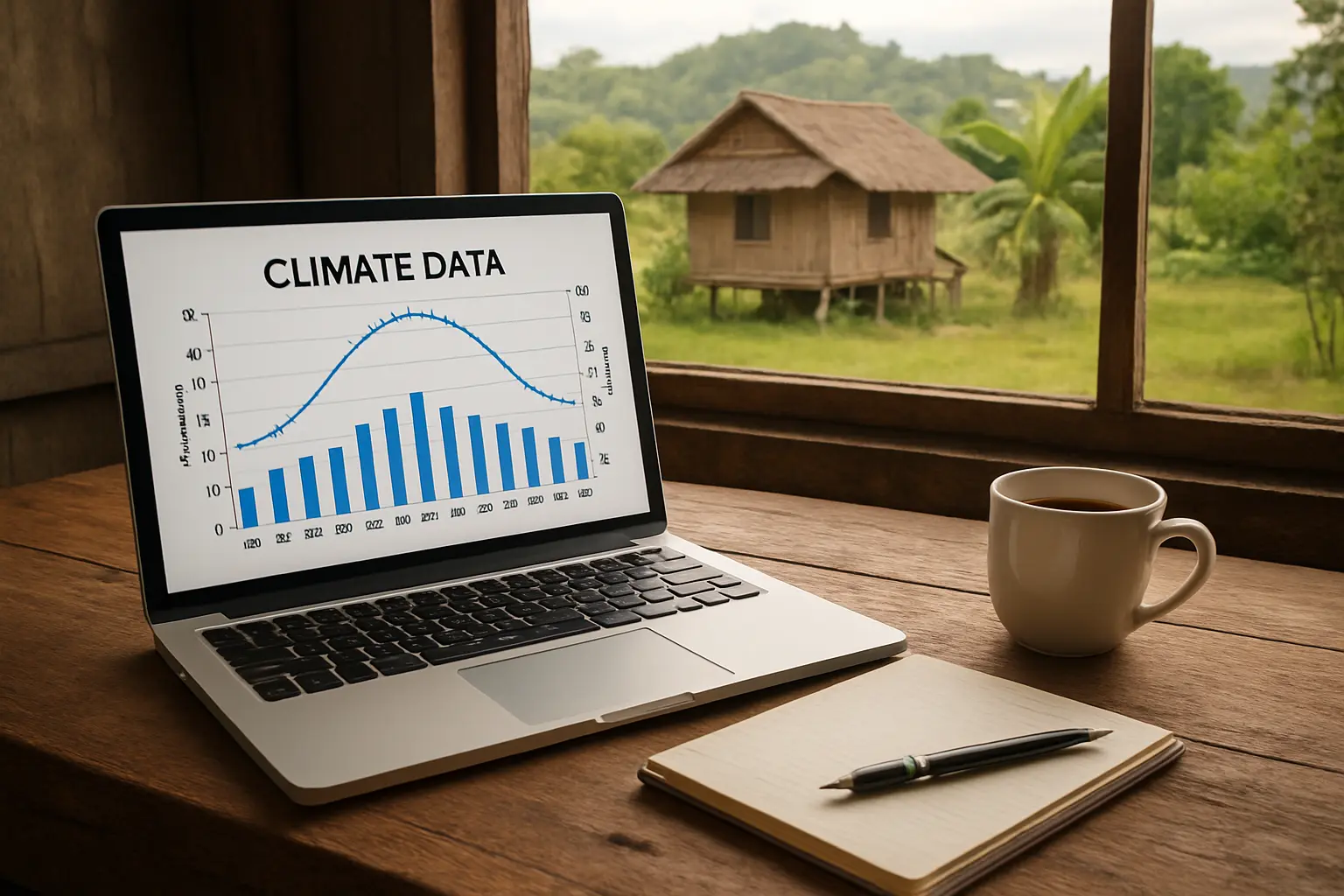 A laptop showing a climate data chart on a wooden table in a rural Philippine farmhouse setting