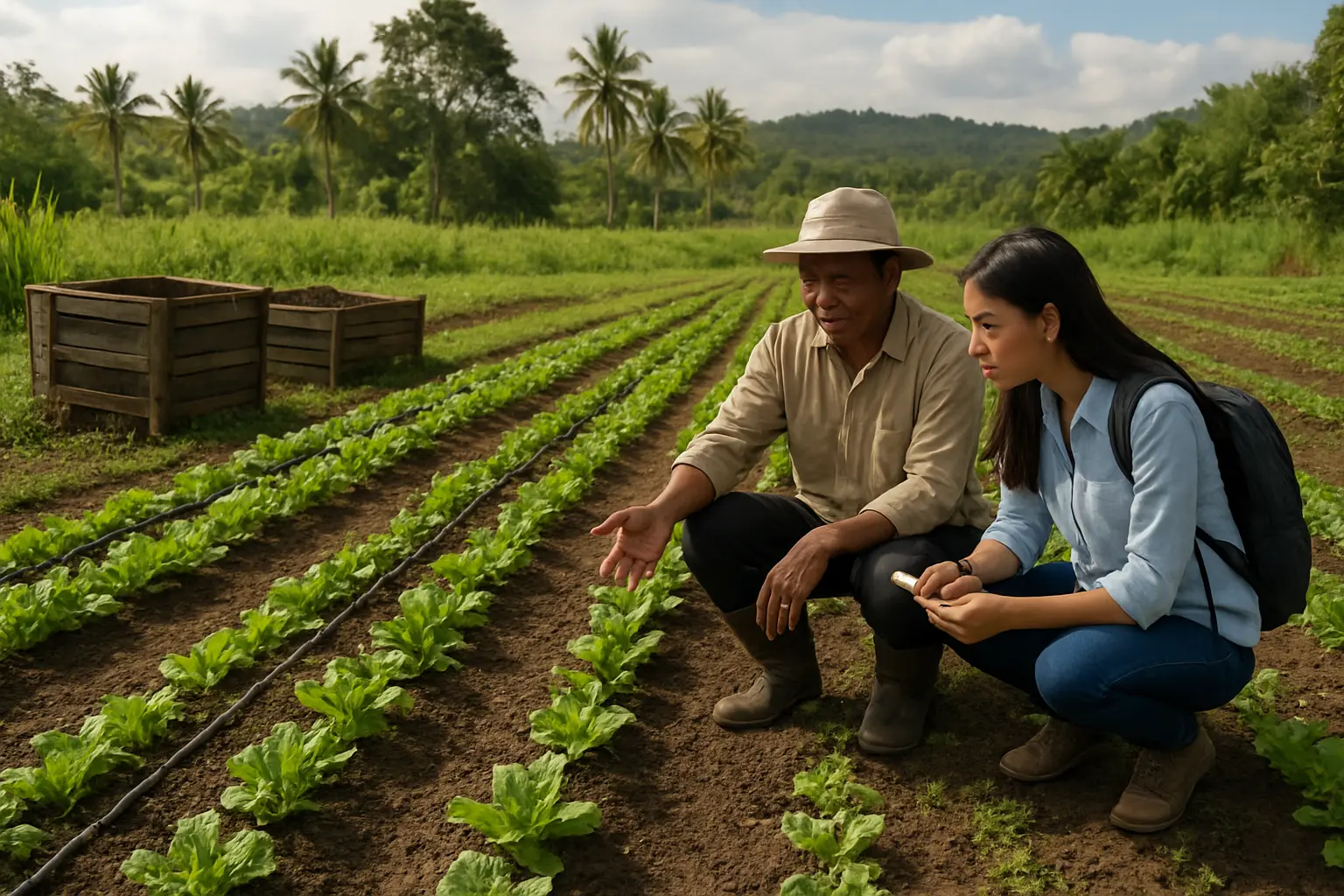 A farmer and student researcher inspecting plants on an organic vegetable farm with drip irrigation and compost bins