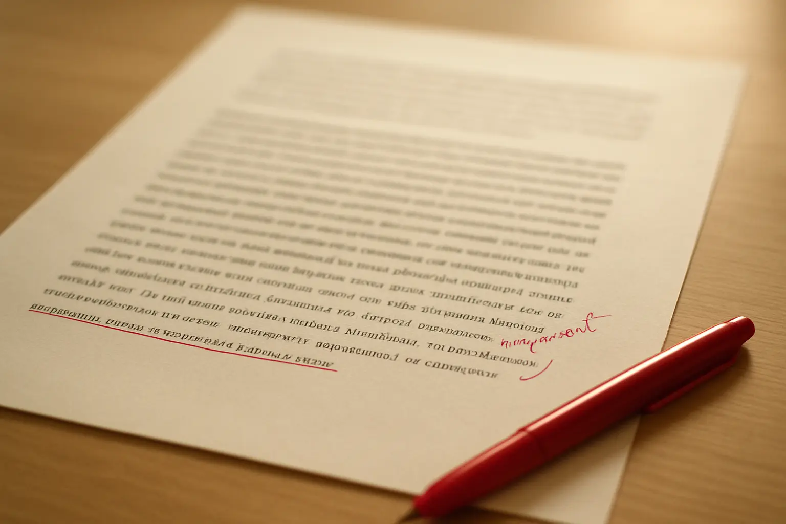 A printed draft paragraph on a desk with the final sentence underlined in red and a short handwritten correction in the margin