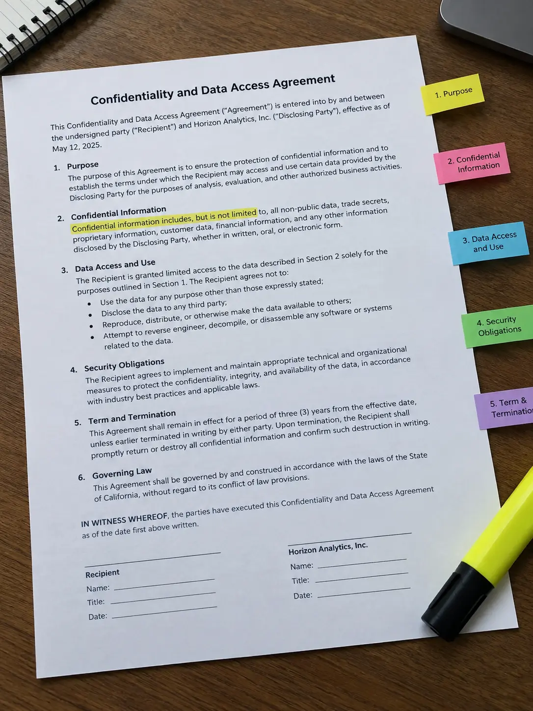 A one-page data access and confidentiality agreement document marked with sticky tabs on a desk