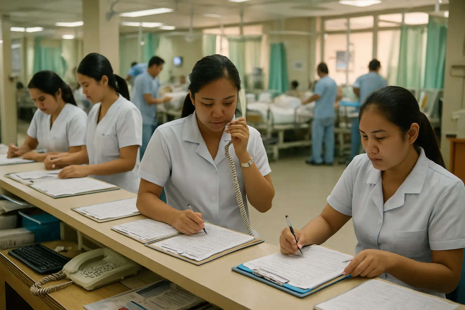 Filipino nurses at a medical-surgical unit nursing station managing workload and patient care tasks