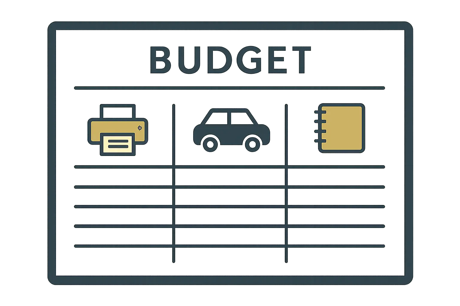 Budget worksheet illustration with icons for printing, transport and binding expense categories