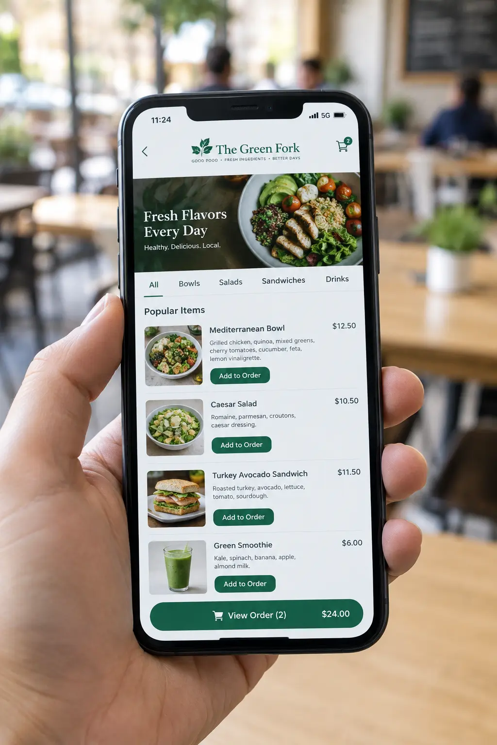 A smartphone screen showing a mobile food-ordering app interface prototype