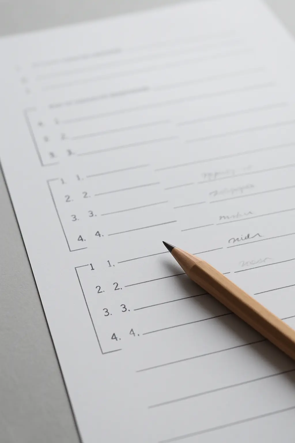 A questionnaire draft with item numbers bracketed in the margin and linked by lines to a short list of indicators