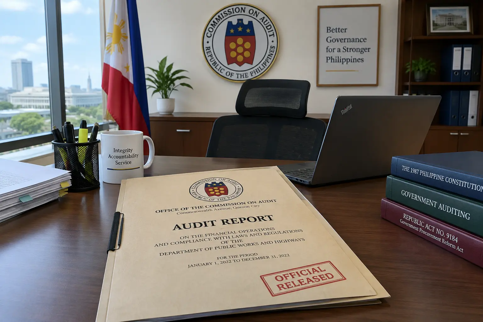 A stamped official government audit report folder on a desk in a Philippine government office setting