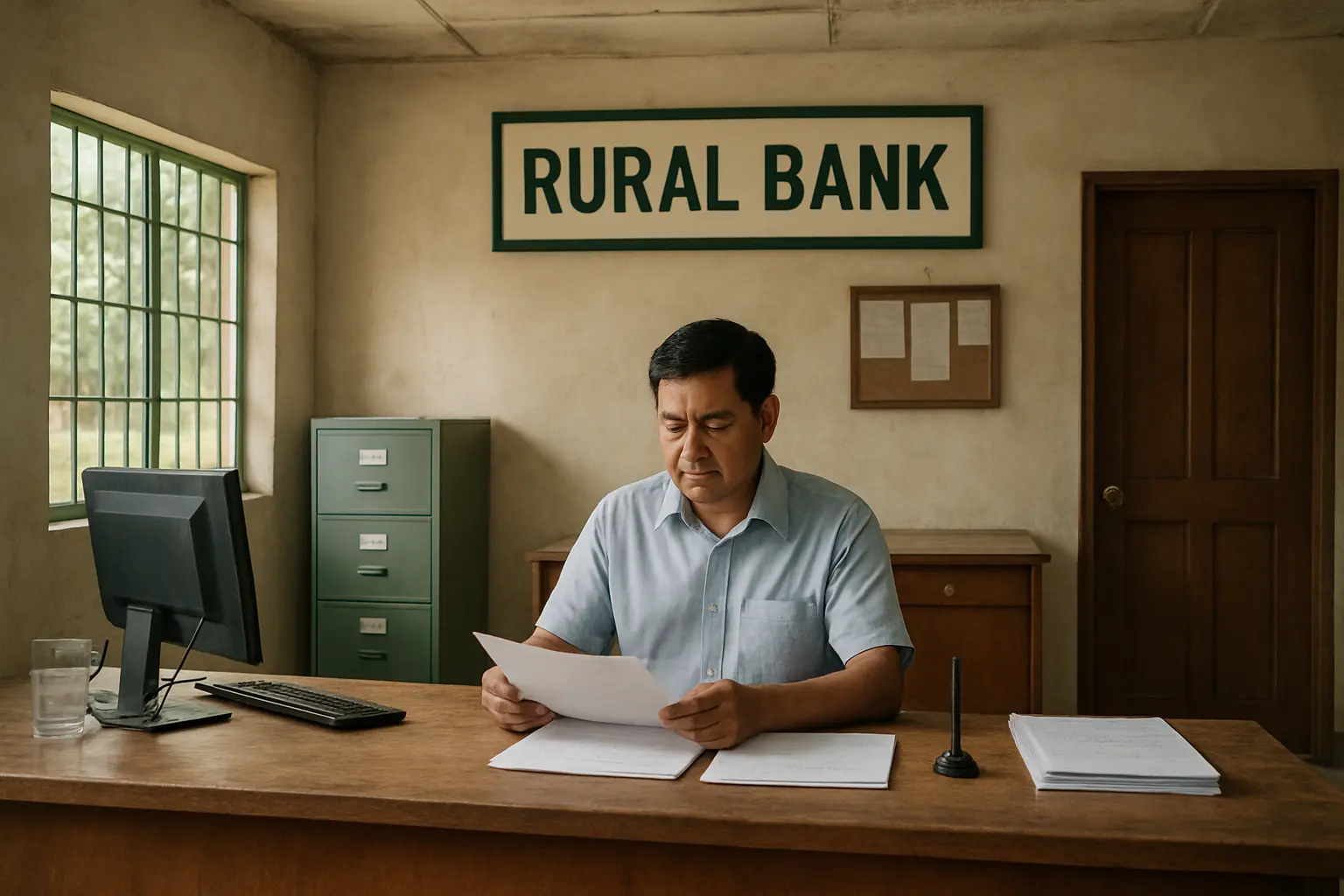 Rural bank branch manager reviewing capitalization paperwork in a Philippine town branch office