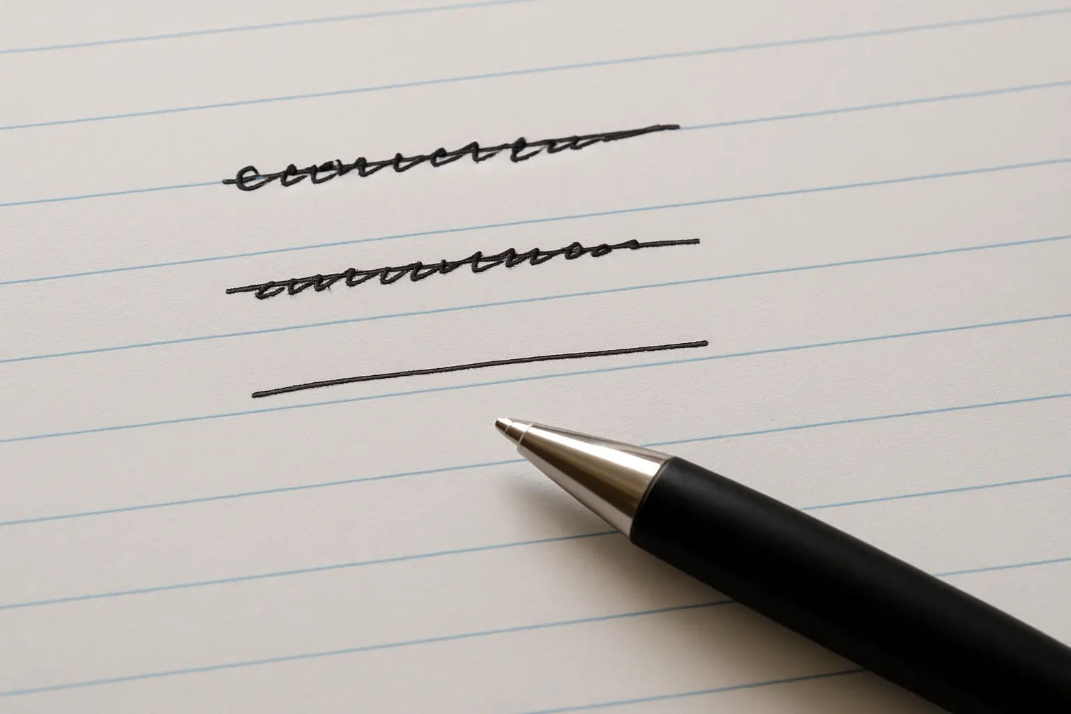 A draft title written three times on a sheet, each version shorter and more specific than the last