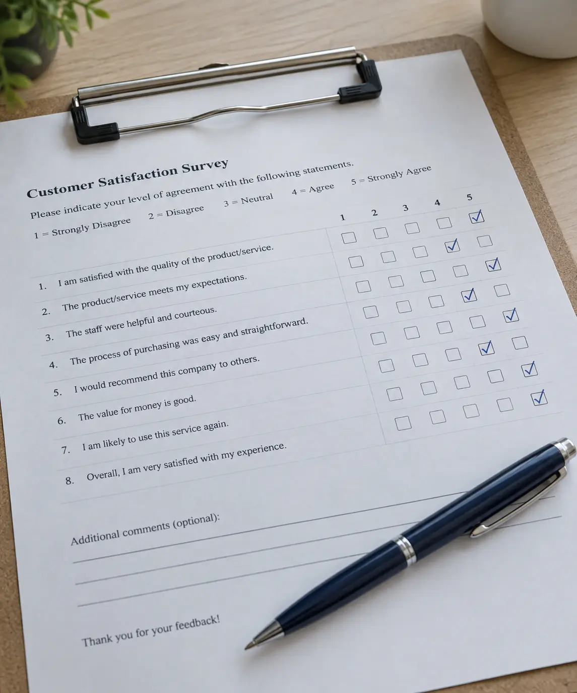 A close-up of a completed Likert-scale patient satisfaction questionnaire with a pen resting on top