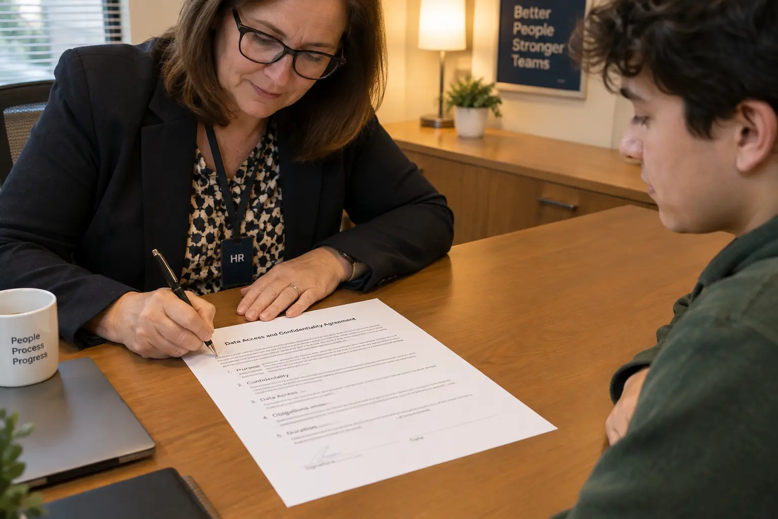 A student and a company HR manager reviewing and signing a research access agreement in an office