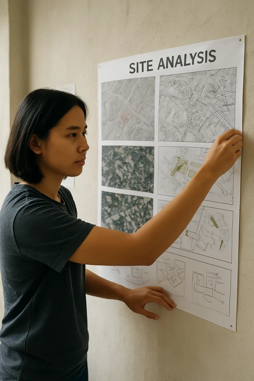 A Filipino BS Architecture student pinning up a site analysis board with maps and photographs on a studio wall